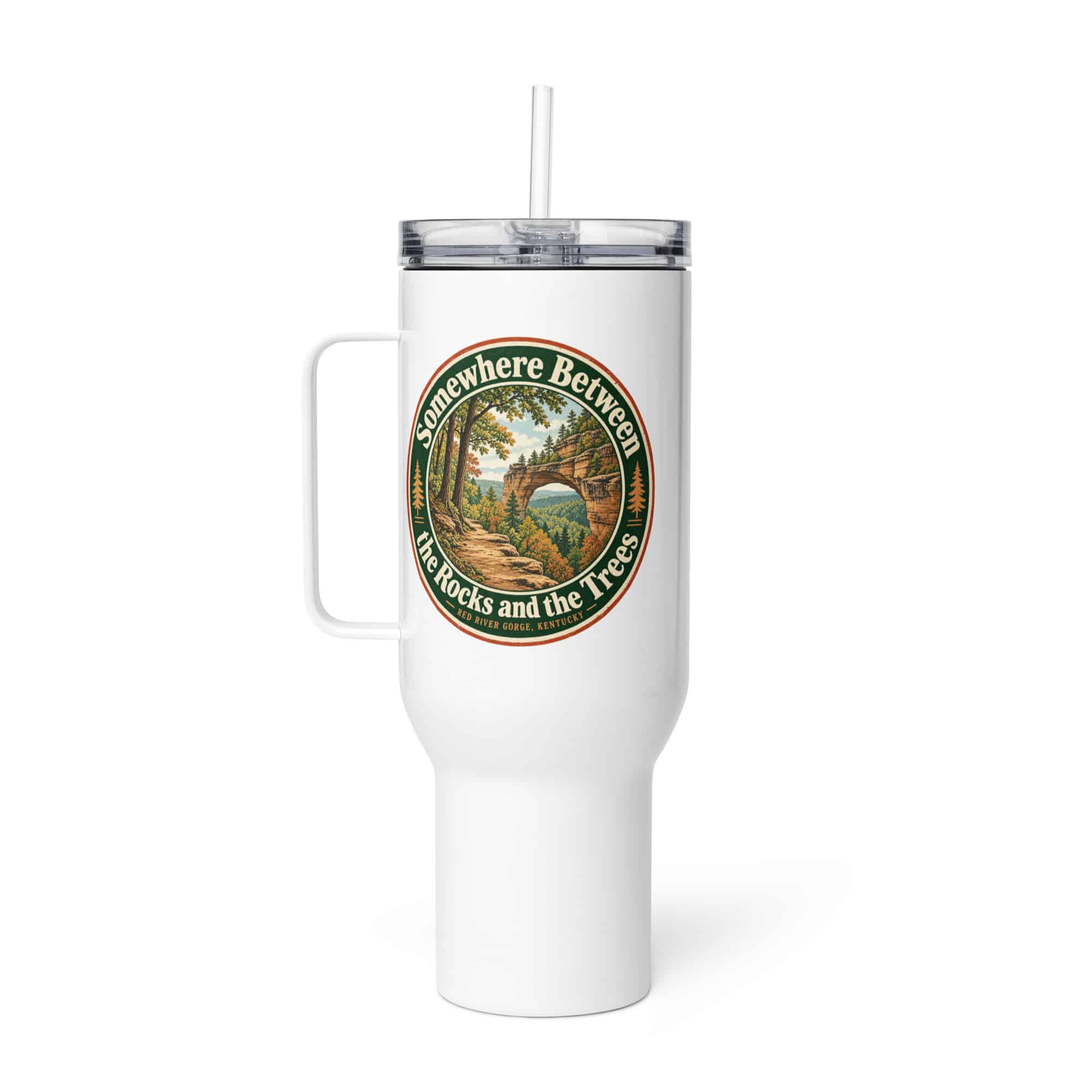 Red River Gorge Travel Mug: Somewhere Between the Rocks and the Trees, Vintage Round Badge