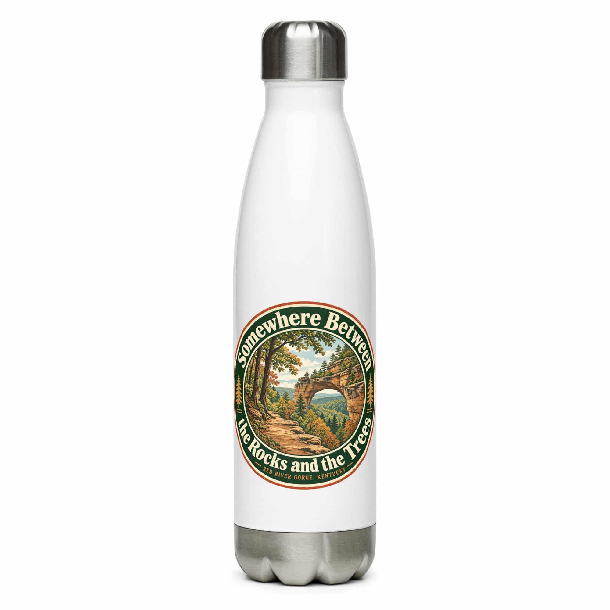 Red River Gorge Stainless Steel Water Bottle: Somewhere Between the Rocks and the Trees, Vintage Round Badge