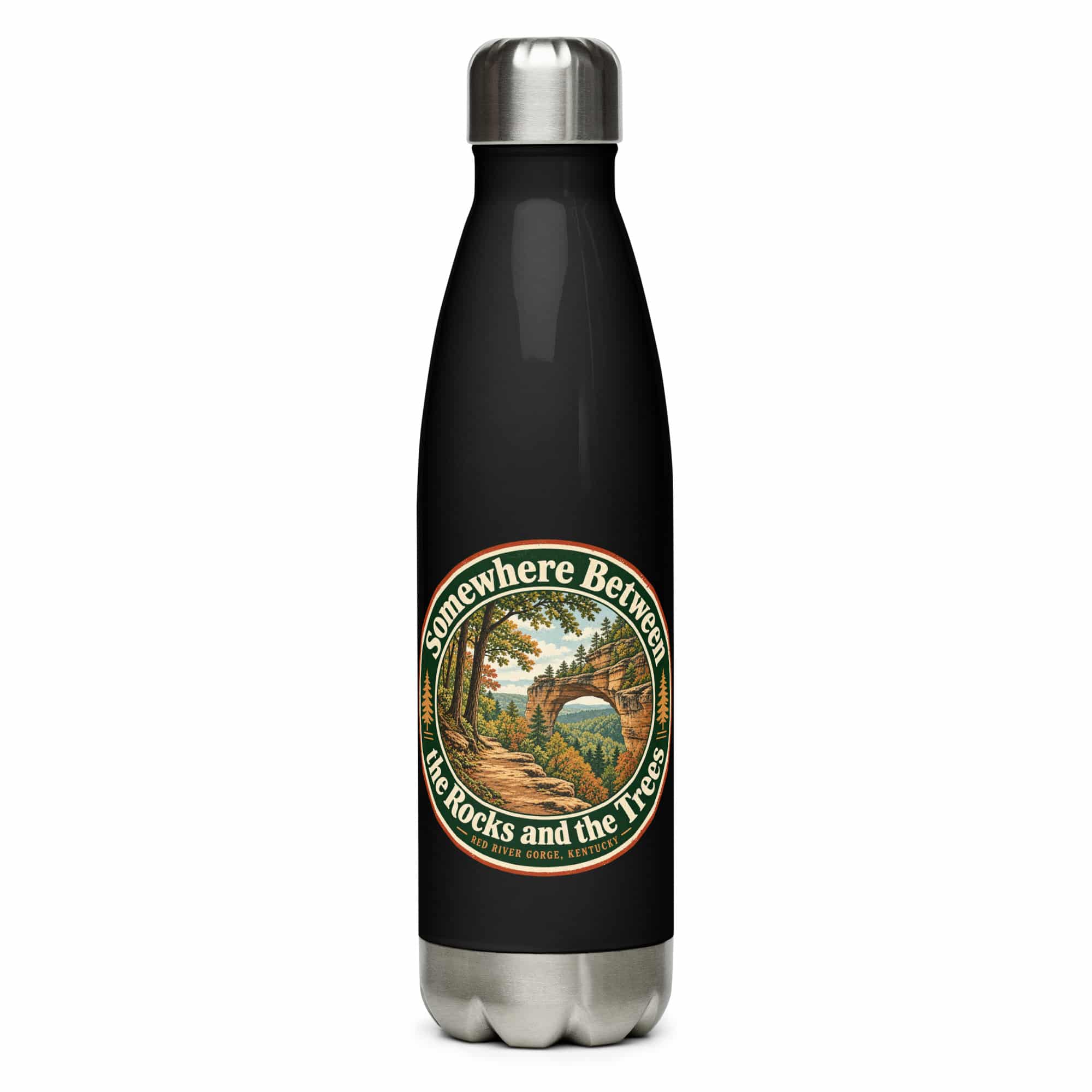 Red River Gorge Stainless Steel Water Bottle: Somewhere Between the Rocks and the Trees, Vintage Round Badge