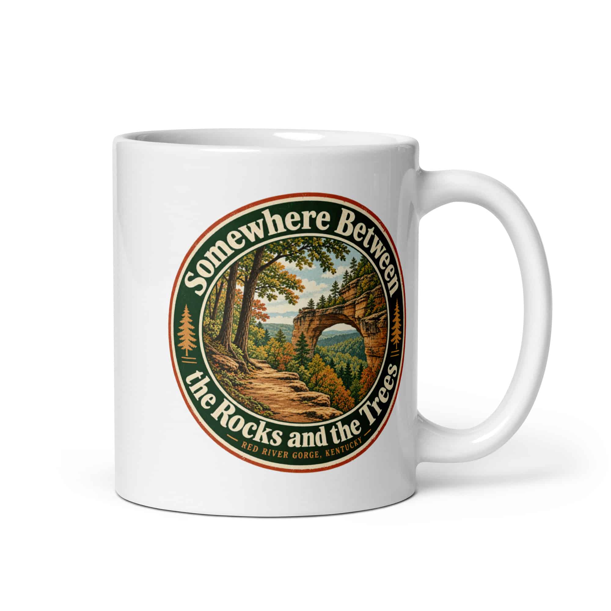 Red River Gorge White Ceramic Coffee Mug: Somewhere Between the Rocks and the Trees, Vintage Round Badge