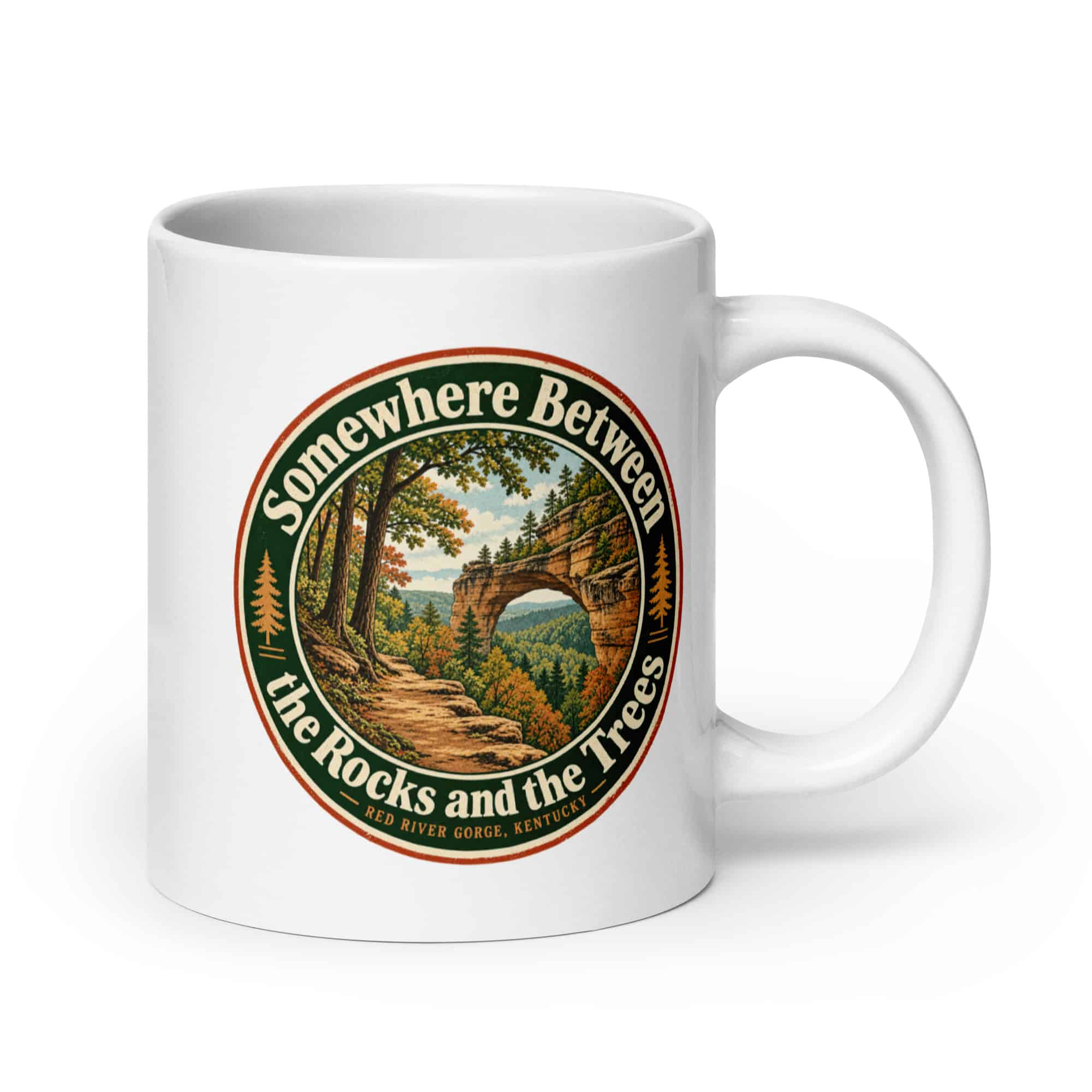 Red River Gorge White Ceramic Coffee Mug: Somewhere Between the Rocks and the Trees, Vintage Round Badge