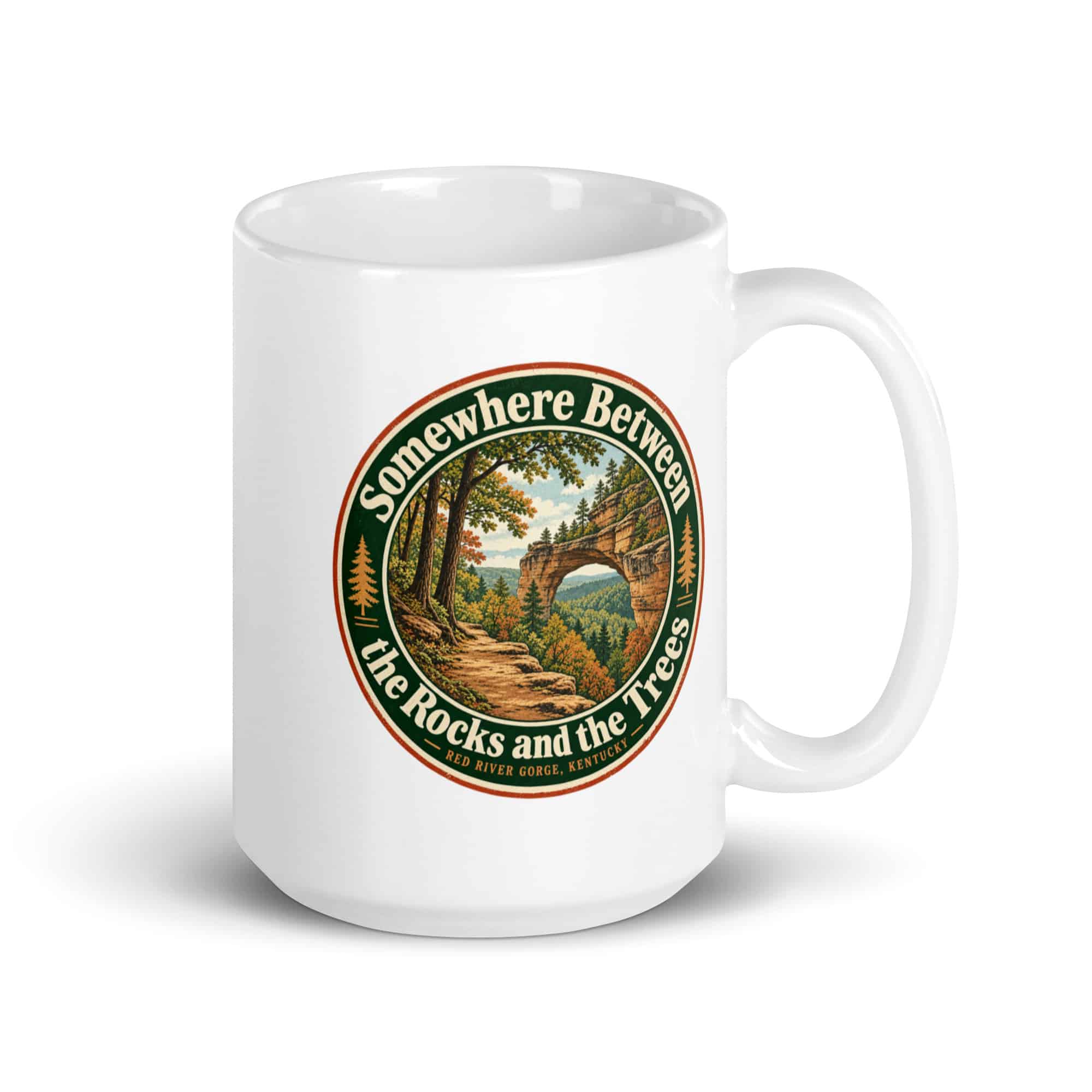 Red River Gorge White Ceramic Coffee Mug: Somewhere Between the Rocks and the Trees, Vintage Round Badge