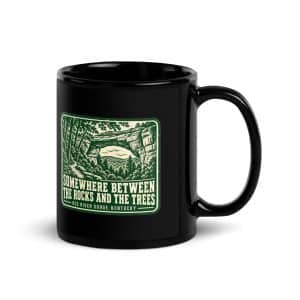 Red River Gorge Black Coffee Mug: Somewhere Between the Rocks and the Trees, Forest Ink Stamp - 11 oz - Handle on Right