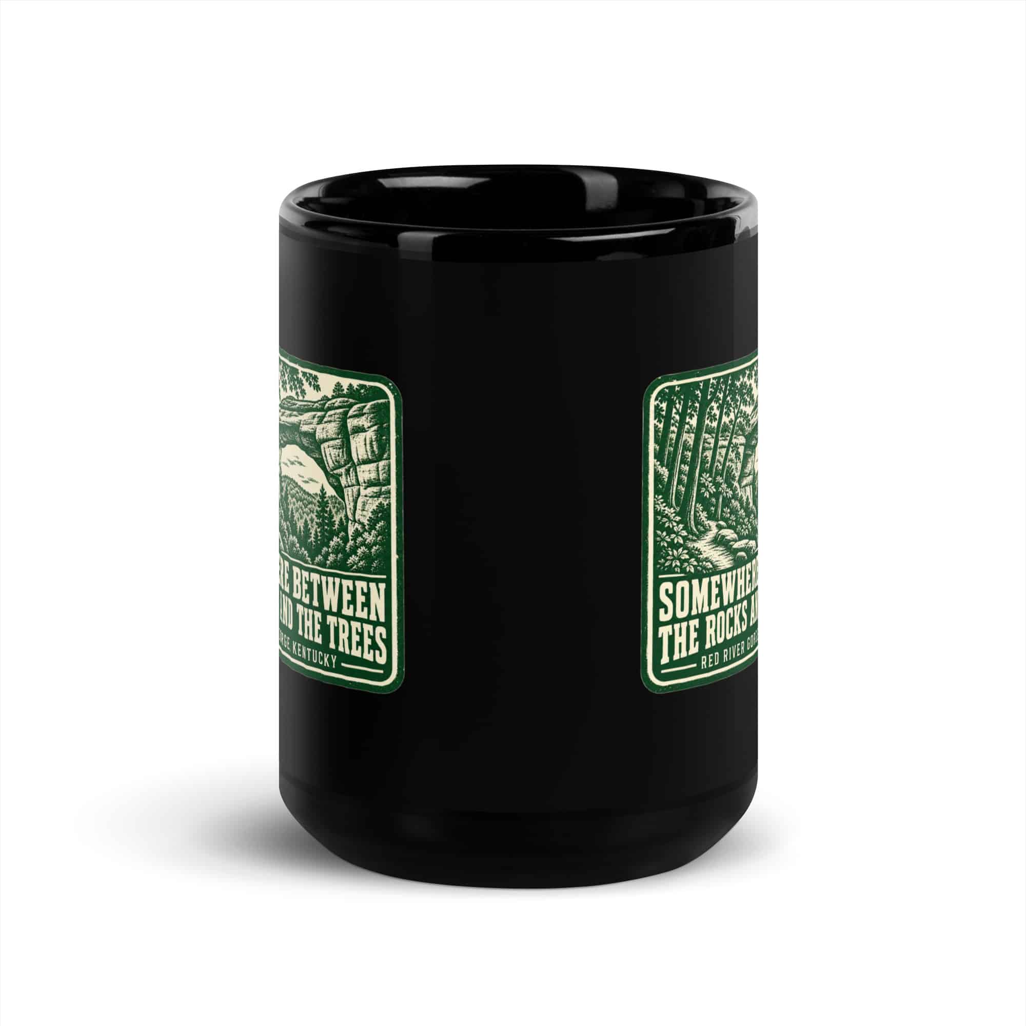 Red River Gorge Black Coffee Mug: Somewhere Between the Rocks and the Trees, Forest Ink Stamp