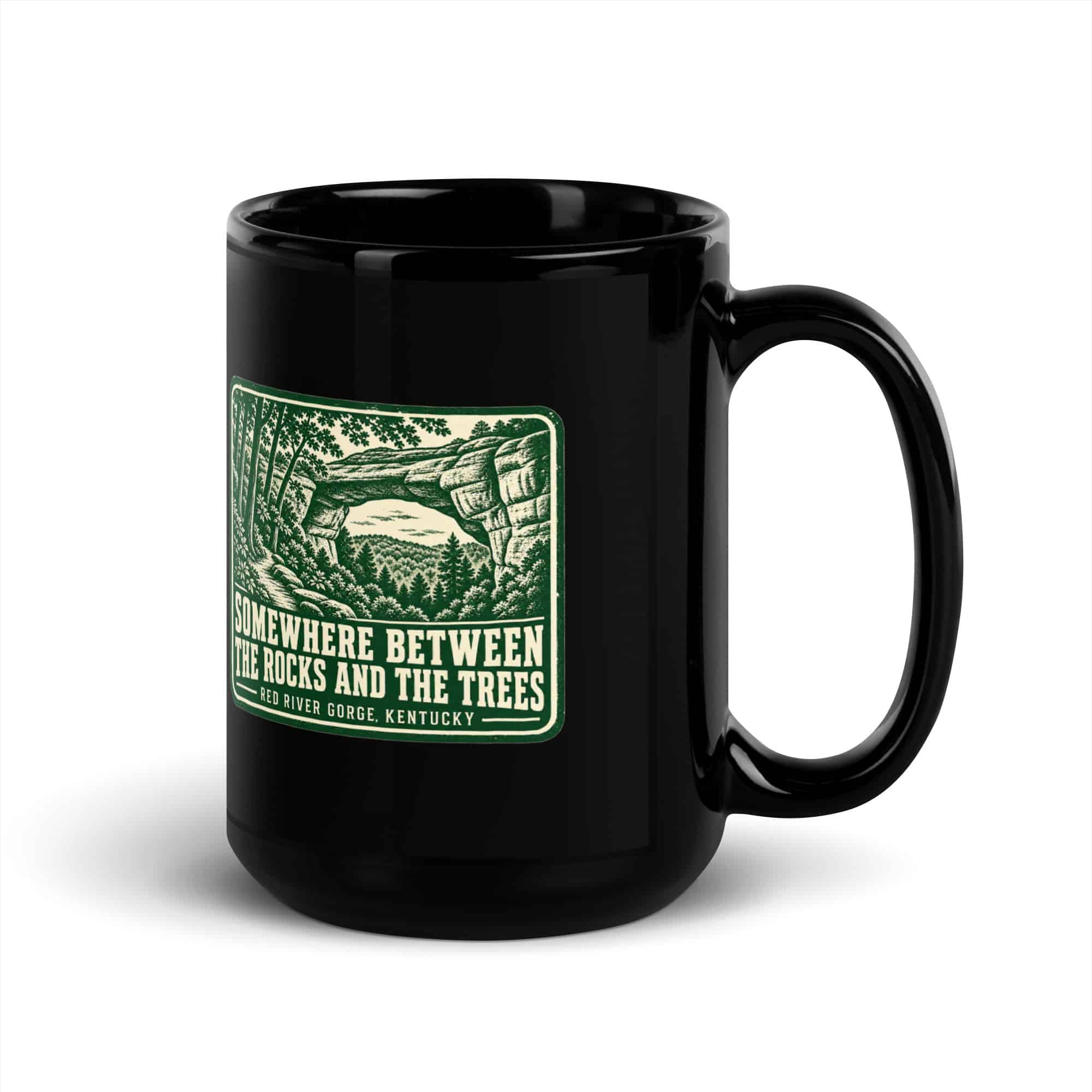 Red River Gorge Black Coffee Mug: Somewhere Between the Rocks and the Trees, Forest Ink Stamp