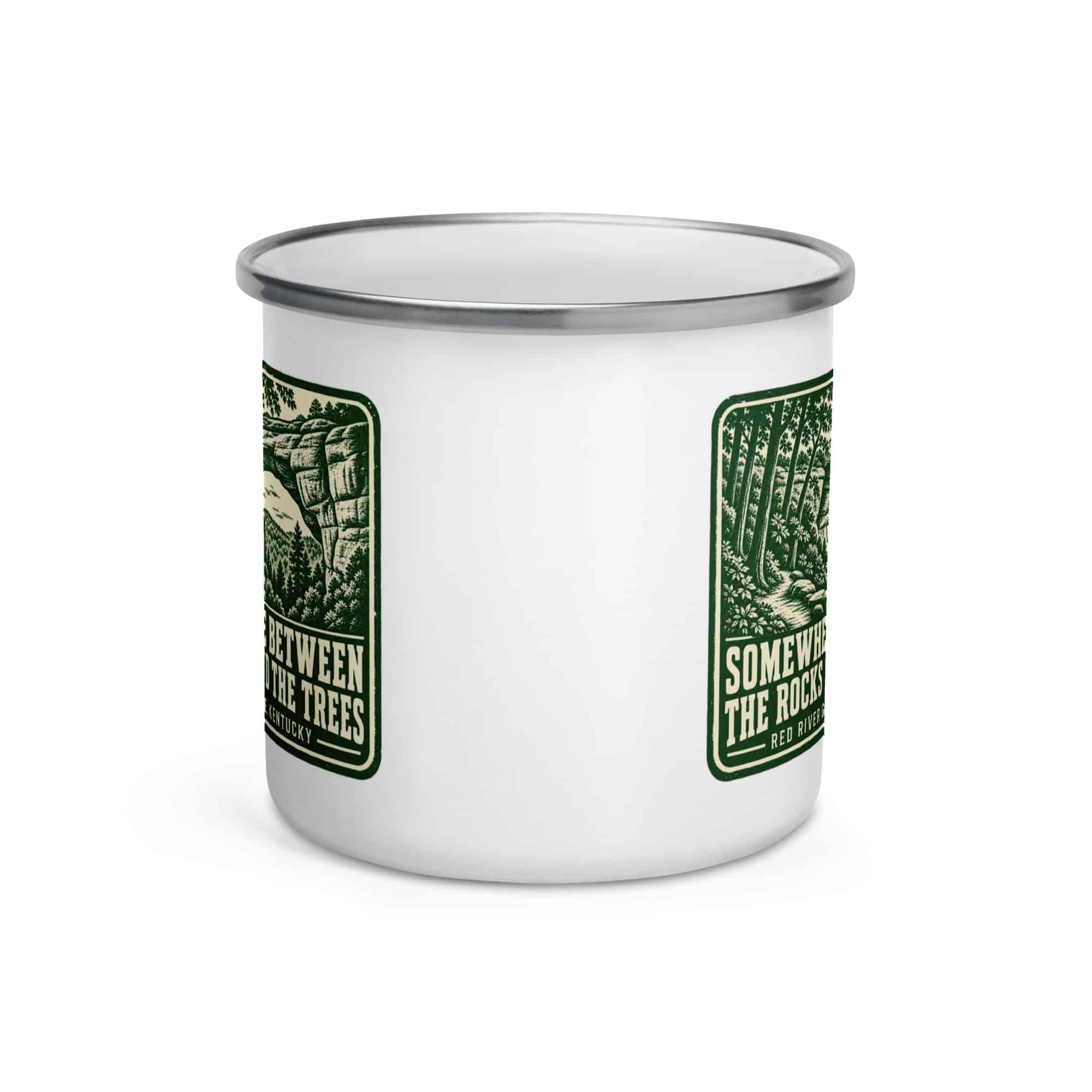 Red River Gorge Enamel Camp Mug: Somewhere Between the Rocks and the Trees, Forest Ink Stamp