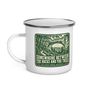 Red River Gorge Enamel Camp Mug: Somewhere Between the Rocks and the Trees, Forest Ink Stamp - 12 oz - Left