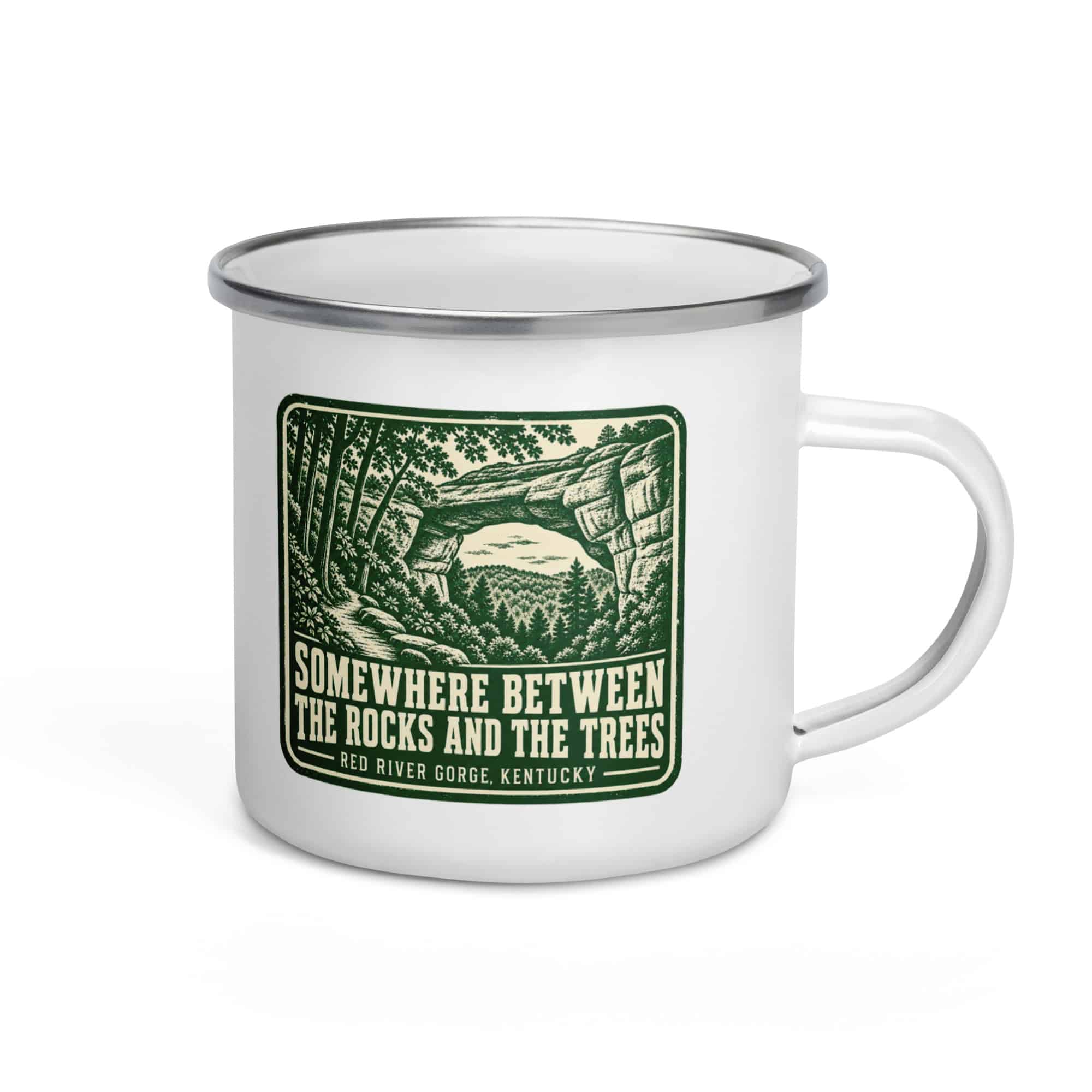 Red River Gorge Enamel Camp Mug: Somewhere Between the Rocks and the Trees, Forest Ink Stamp