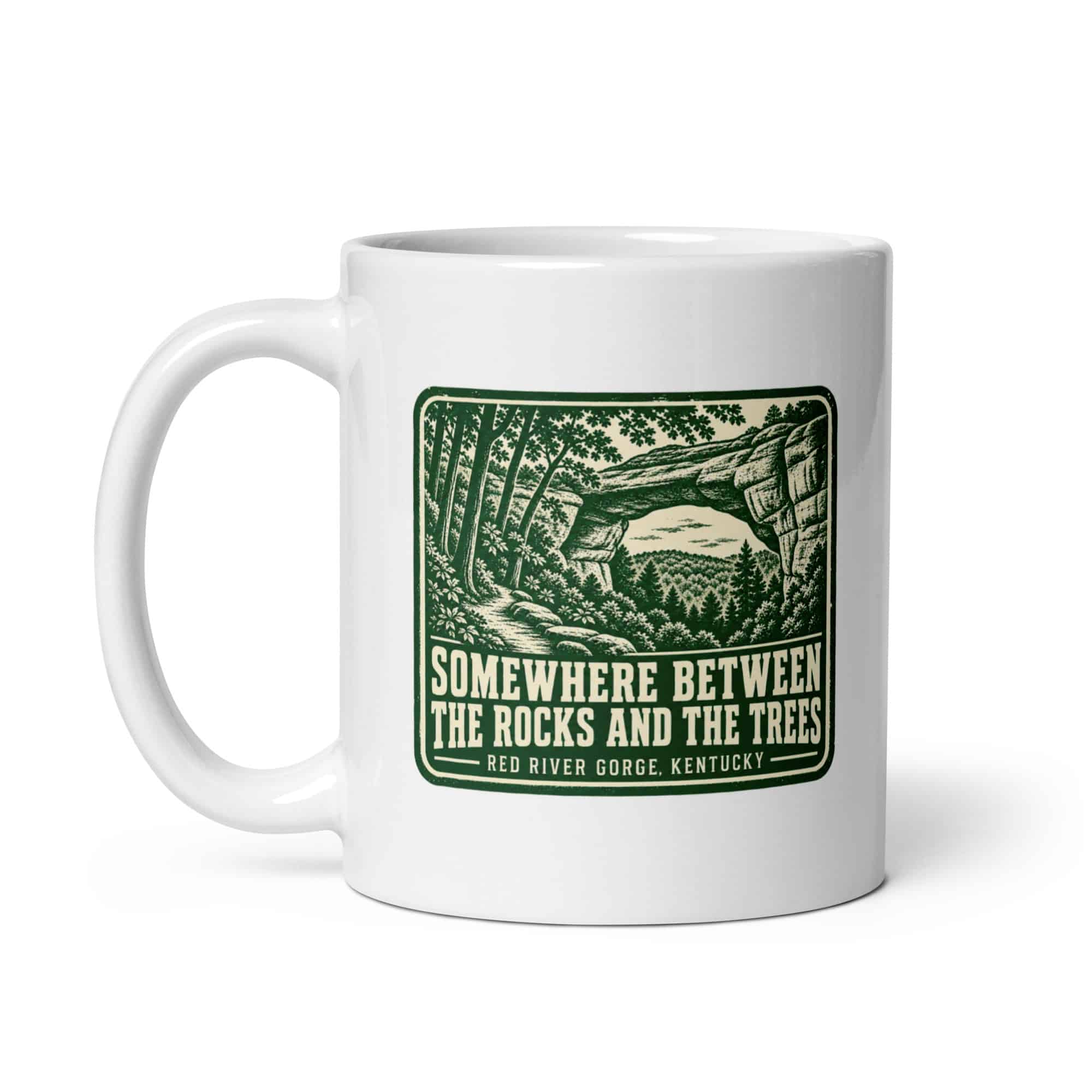 Red River Gorge White Ceramic Coffee Mug: Somewhere Between the Rocks and the Trees, Forest Ink Stamp