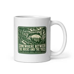 Red River Gorge White Ceramic Coffee Mug: Somewhere Between the Rocks and the Trees, Forest Ink Stamp - 11 oz - Main