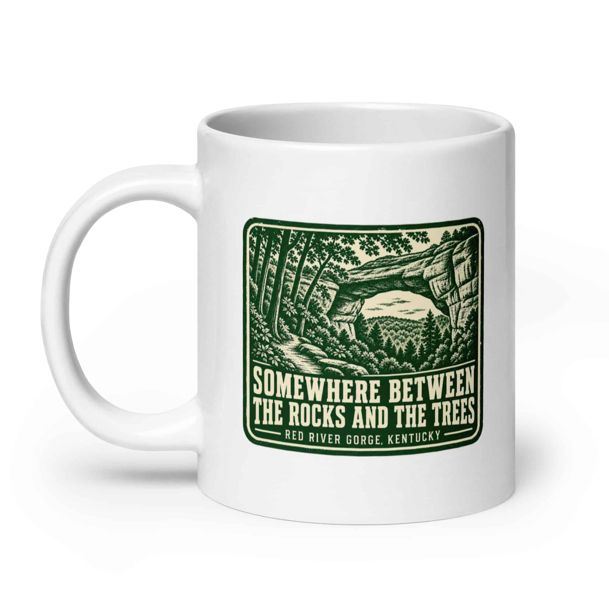 Red River Gorge White Ceramic Coffee Mug: Somewhere Between the Rocks and the Trees, Forest Ink Stamp