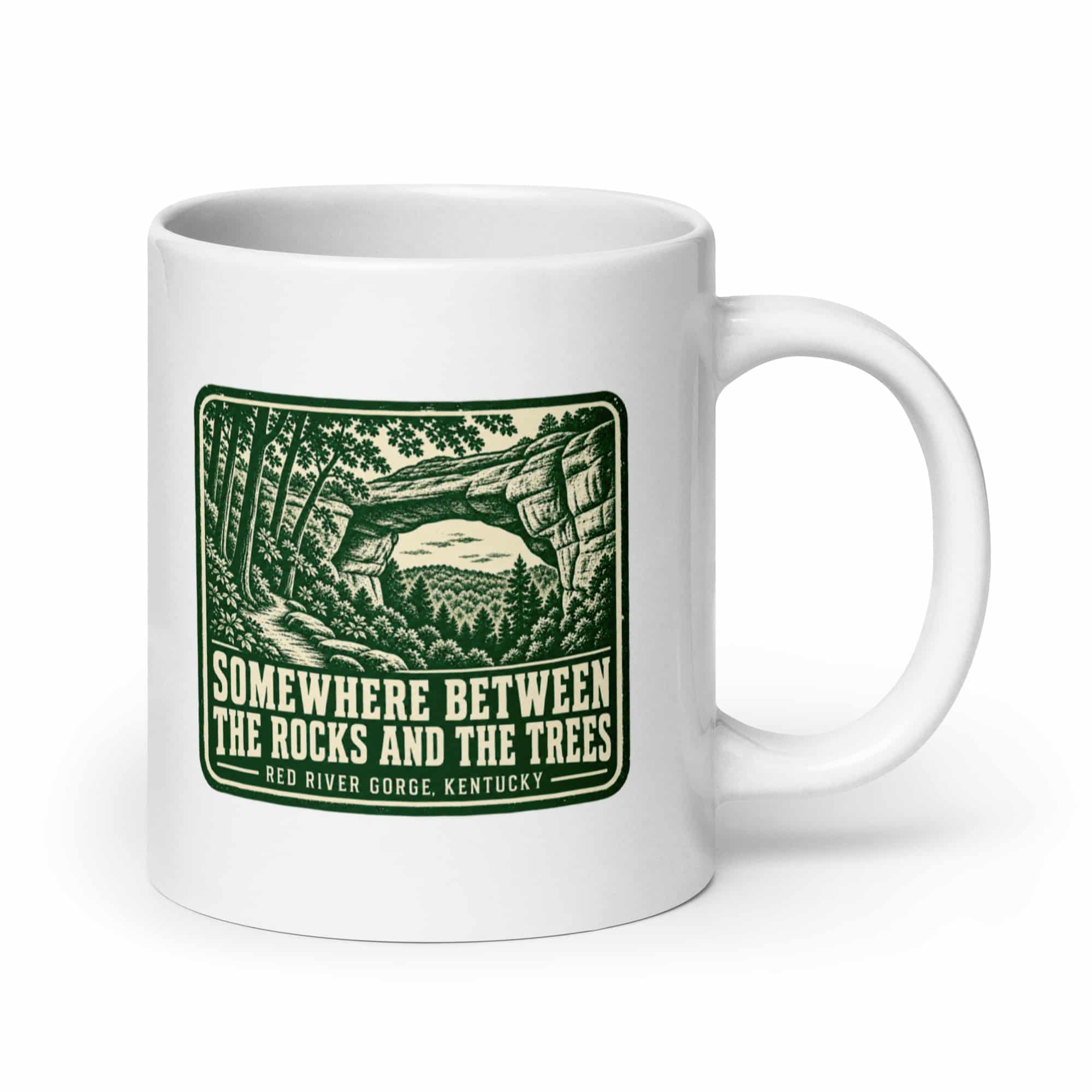 Red River Gorge White Ceramic Coffee Mug: Somewhere Between the Rocks and the Trees, Forest Ink Stamp