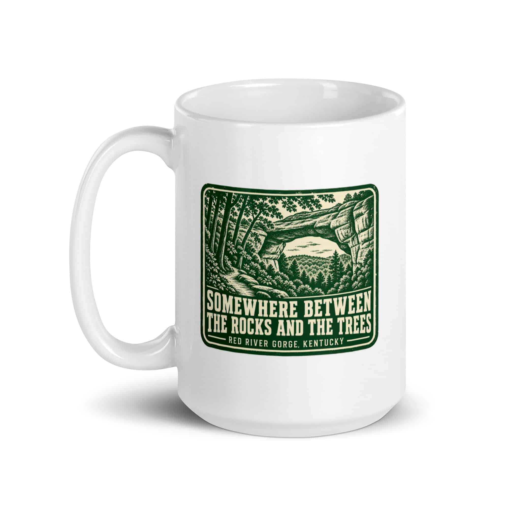 Red River Gorge White Ceramic Coffee Mug: Somewhere Between the Rocks and the Trees, Forest Ink Stamp