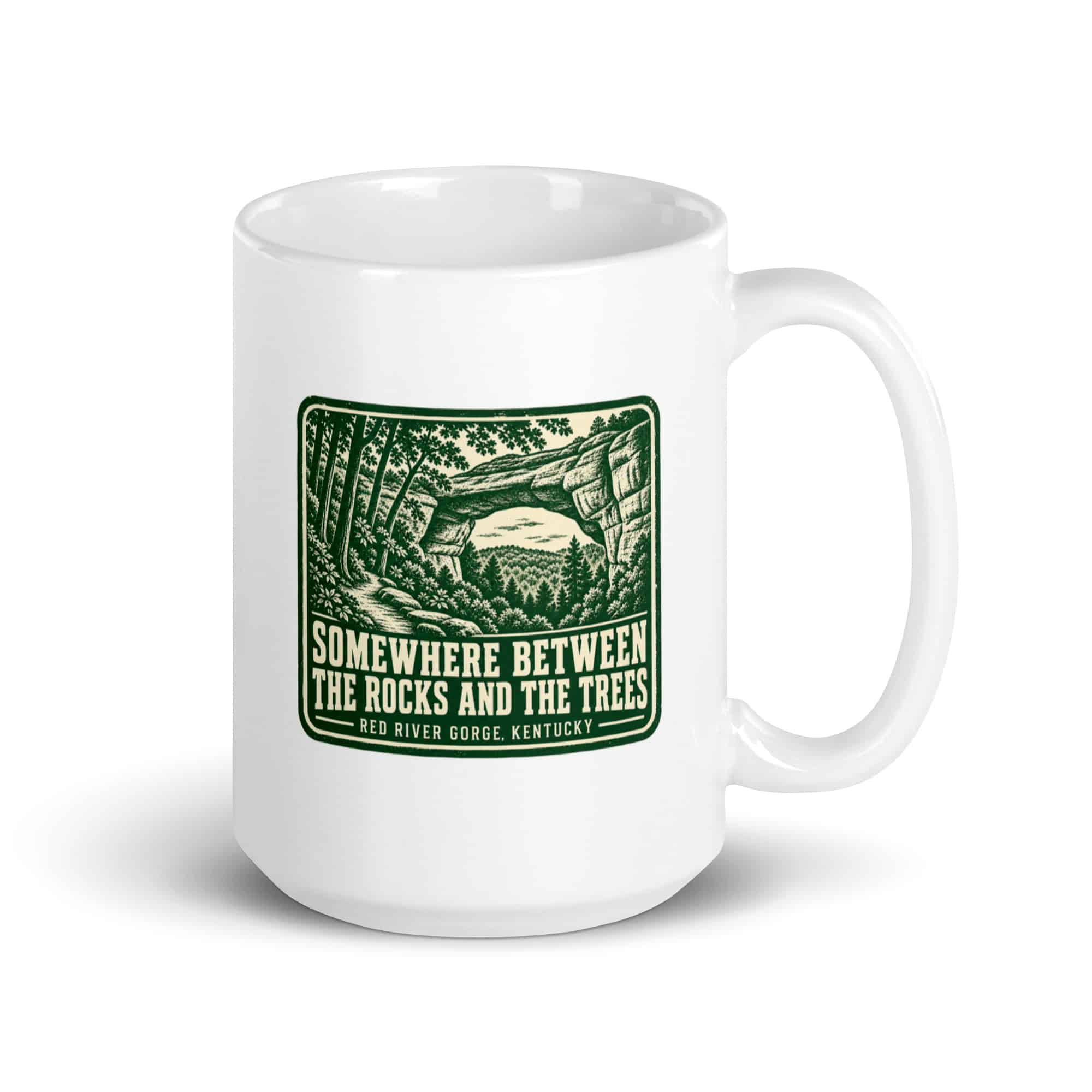 Red River Gorge White Ceramic Coffee Mug: Somewhere Between the Rocks and the Trees, Forest Ink Stamp