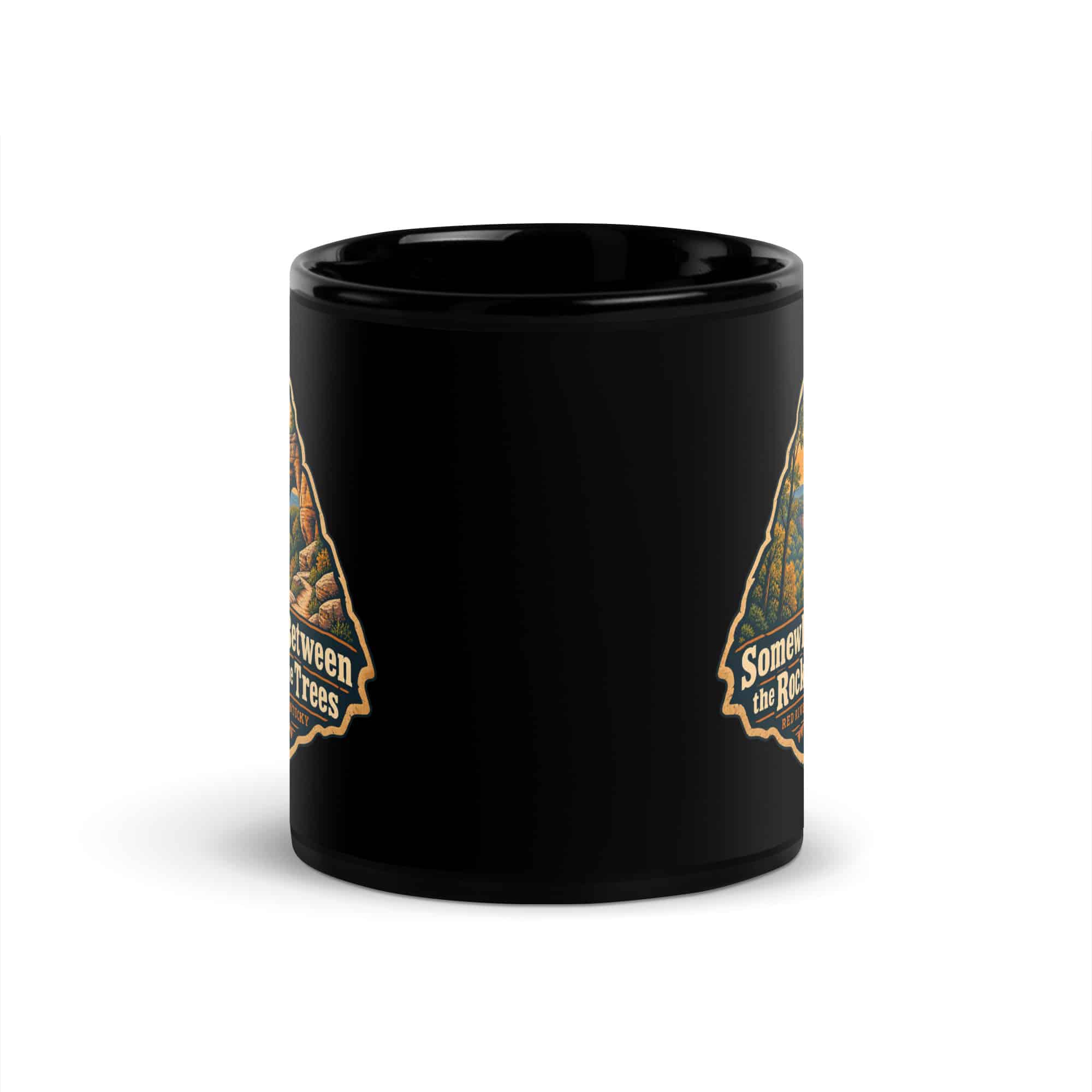 Red River Gorge Black Coffee Mug: Somewhere Between the Rocks and the Trees, Scenic Shield Badge