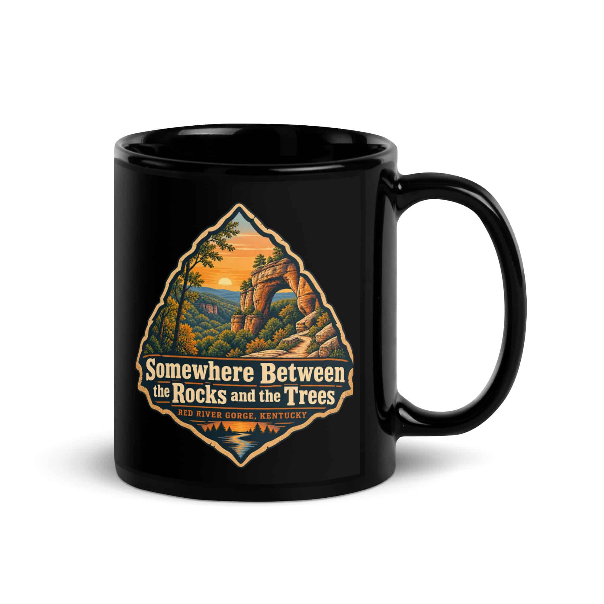 Red River Gorge Black Coffee Mug: Somewhere Between the Rocks and the Trees, Scenic Shield Badge