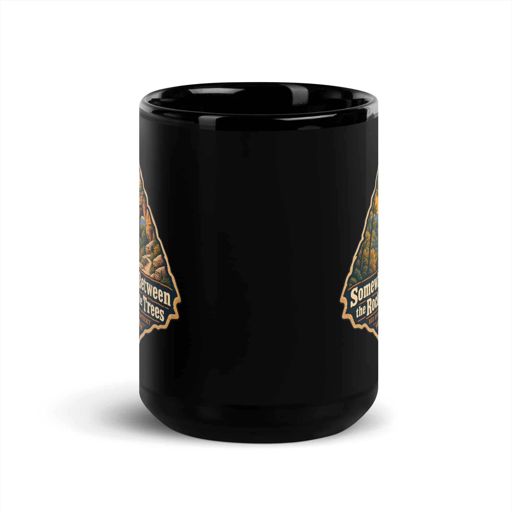 Red River Gorge Black Coffee Mug: Somewhere Between the Rocks and the Trees, Scenic Shield Badge