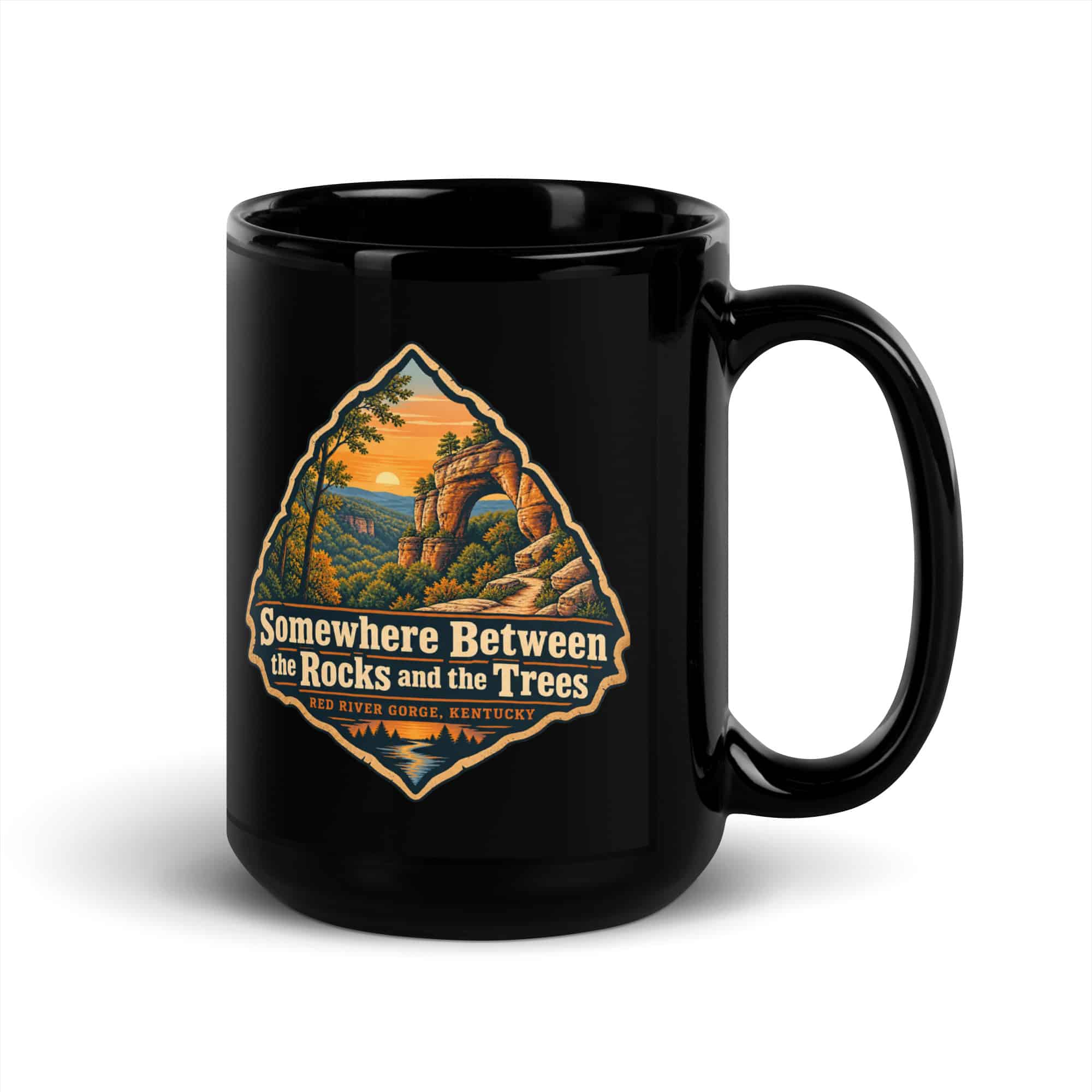 Red River Gorge Black Coffee Mug: Somewhere Between the Rocks and the Trees, Scenic Shield Badge