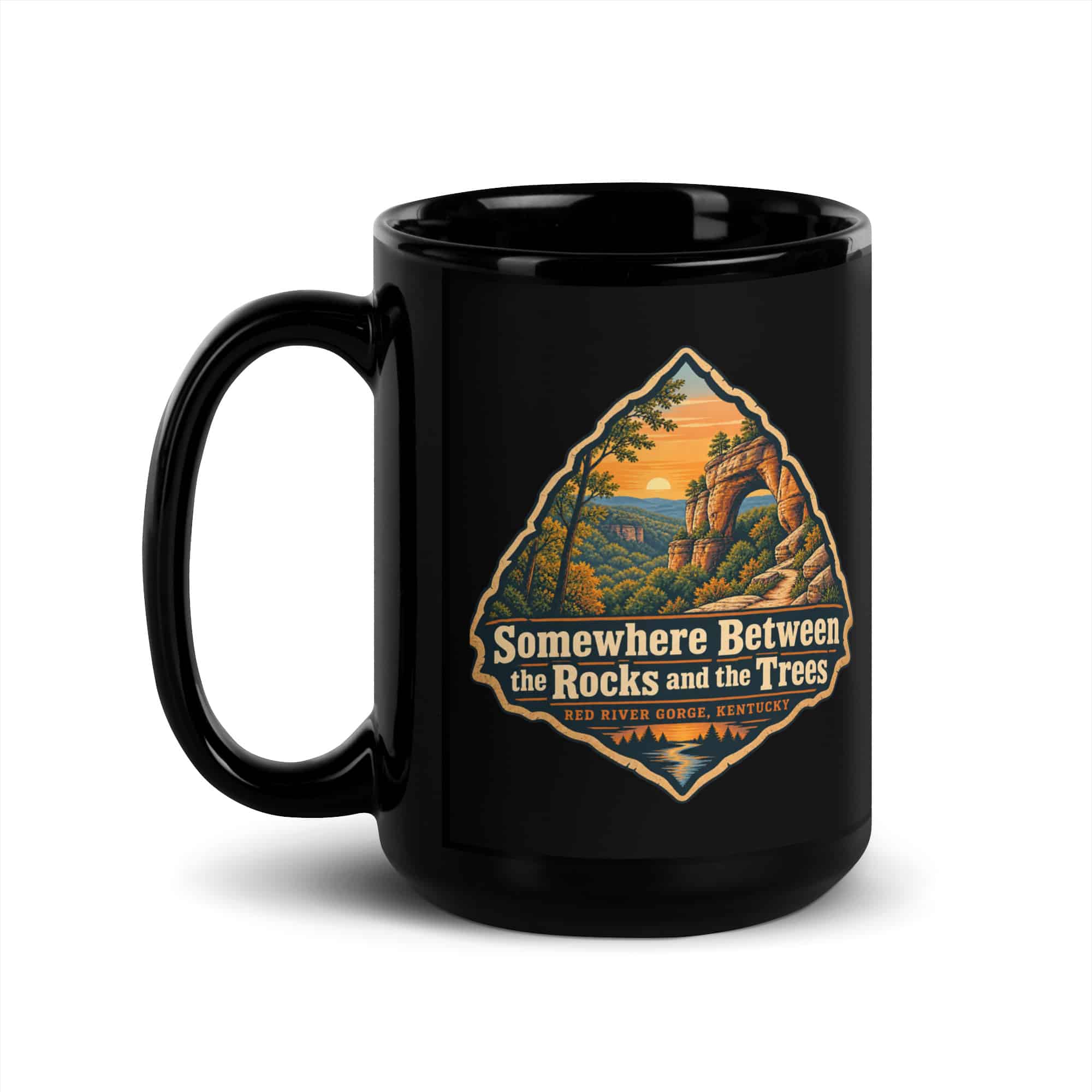 Red River Gorge Black Coffee Mug: Somewhere Between the Rocks and the Trees, Scenic Shield Badge