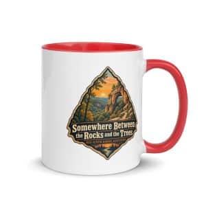 Red River Gorge Color Inside Coffee Mug: Somewhere Between the Rocks and the Trees, Scenic Shield Badge - 11 oz - Main