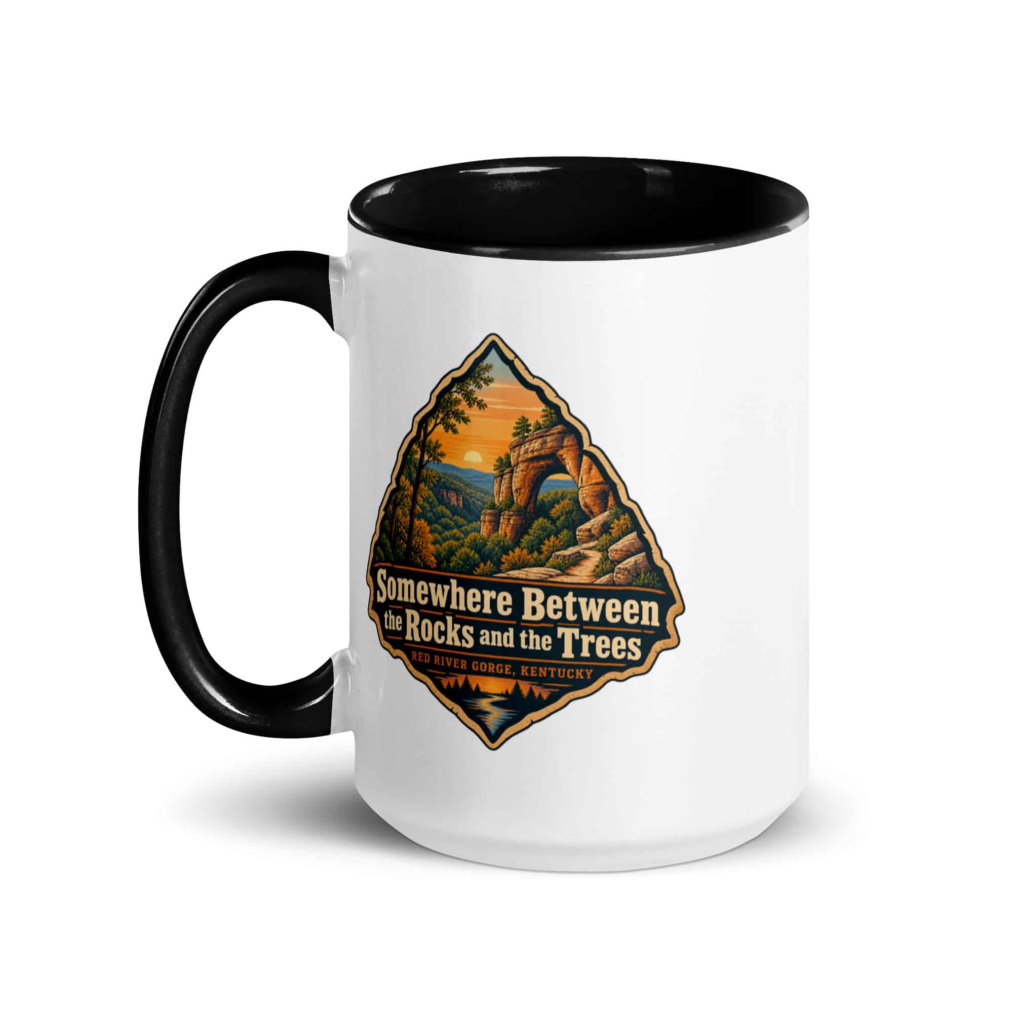 Red River Gorge Color Inside Coffee Mug: Somewhere Between the Rocks and the Trees, Scenic Shield Badge