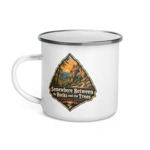 Red River Gorge Enamel Camp Mug: Somewhere Between the Rocks and the Trees, Scenic Shield Badge - 12 oz - Left