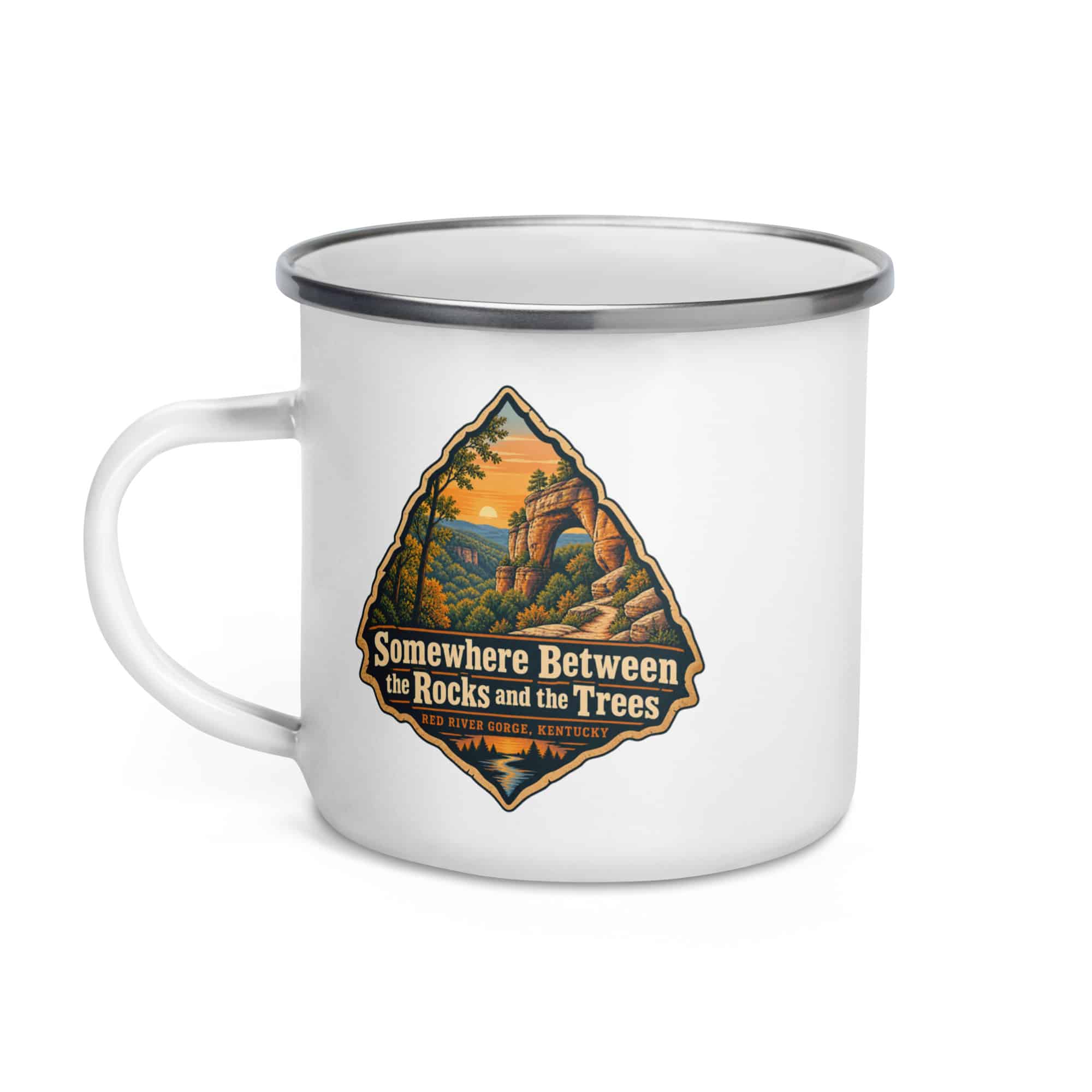Red River Gorge Enamel Camp Mug: Somewhere Between the Rocks and the Trees, Scenic Shield Badge