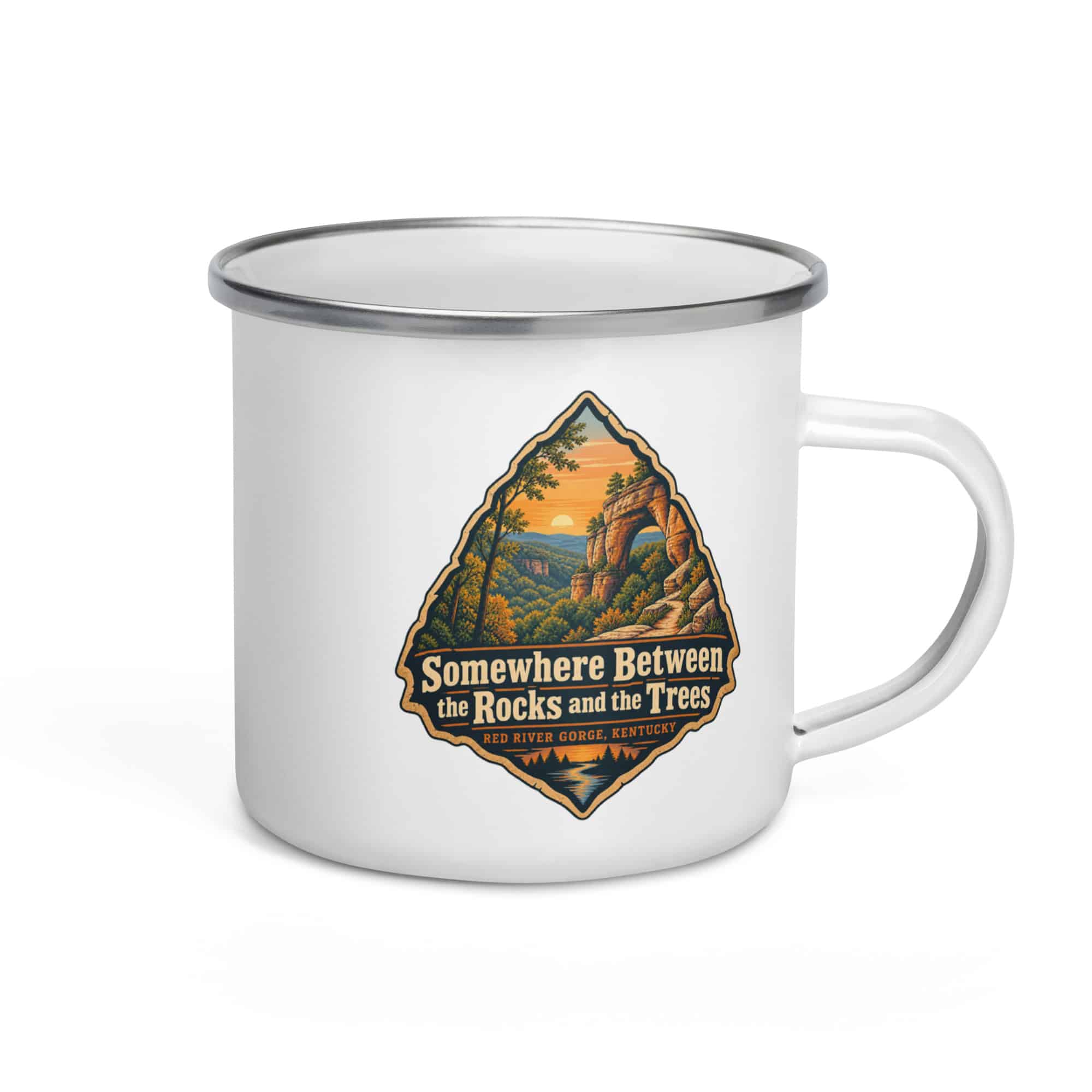 Red River Gorge Enamel Camp Mug: Somewhere Between the Rocks and the Trees, Scenic Shield Badge