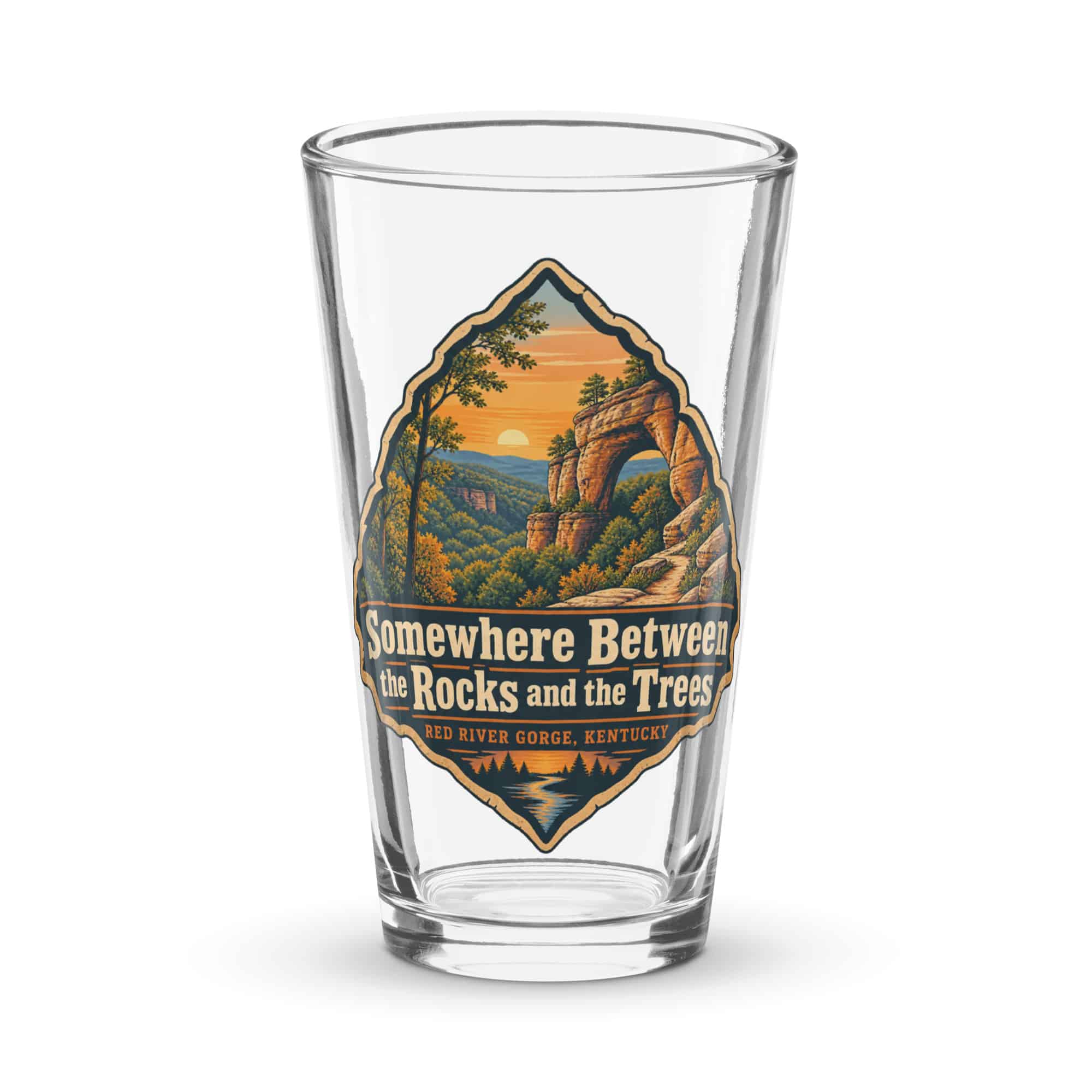 Red River Gorge Pint Glass: Somewhere Between the Rocks and the Trees, Scenic Shield Badge