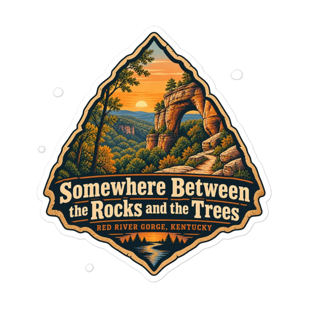 Red River Gorge Vinyl Sticker: Somewhere Between the Rocks and the Trees, Scenic Shield Badge