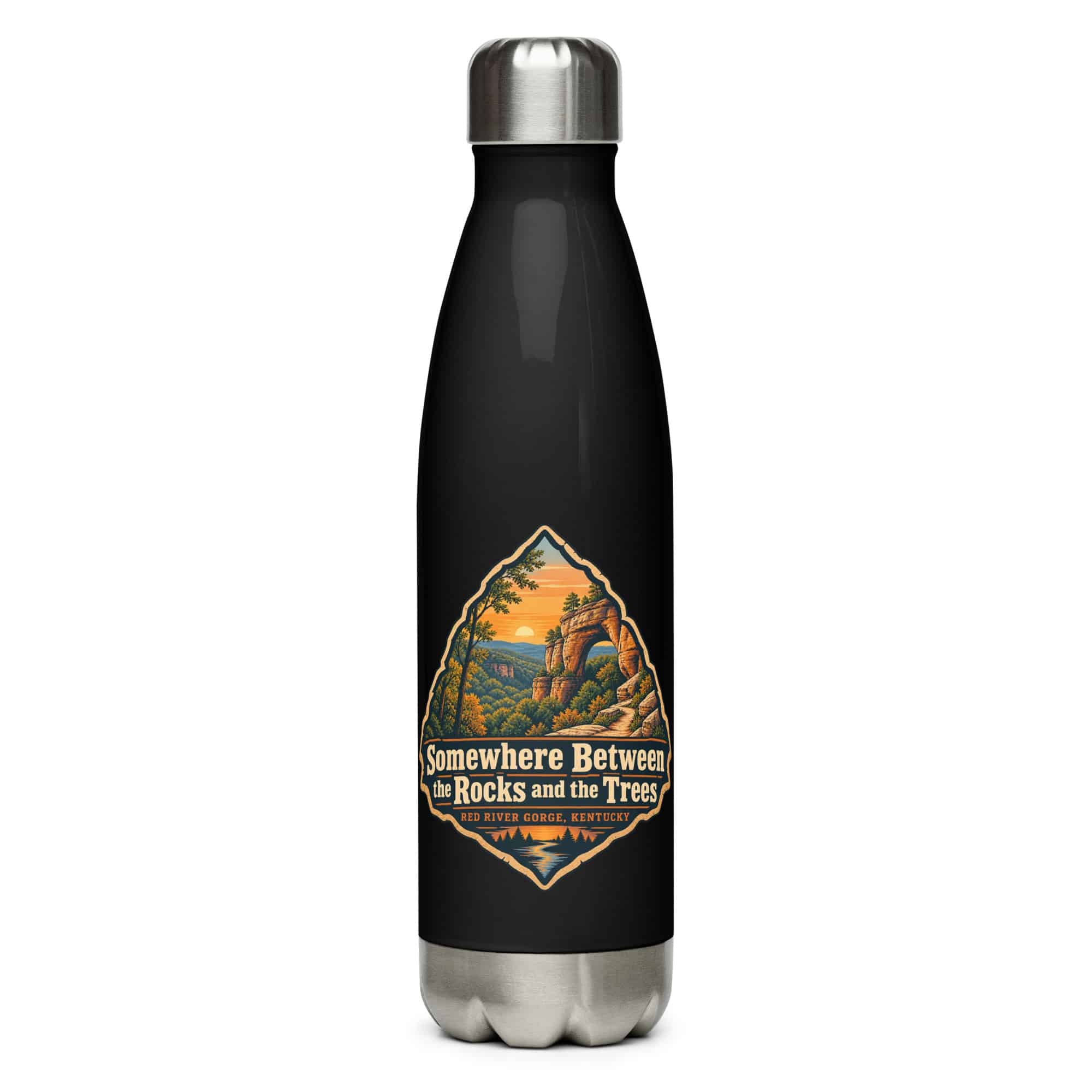 Red River Gorge Stainless Steel Water Bottle: Somewhere Between the Rocks and the Trees, Scenic Shield Badge