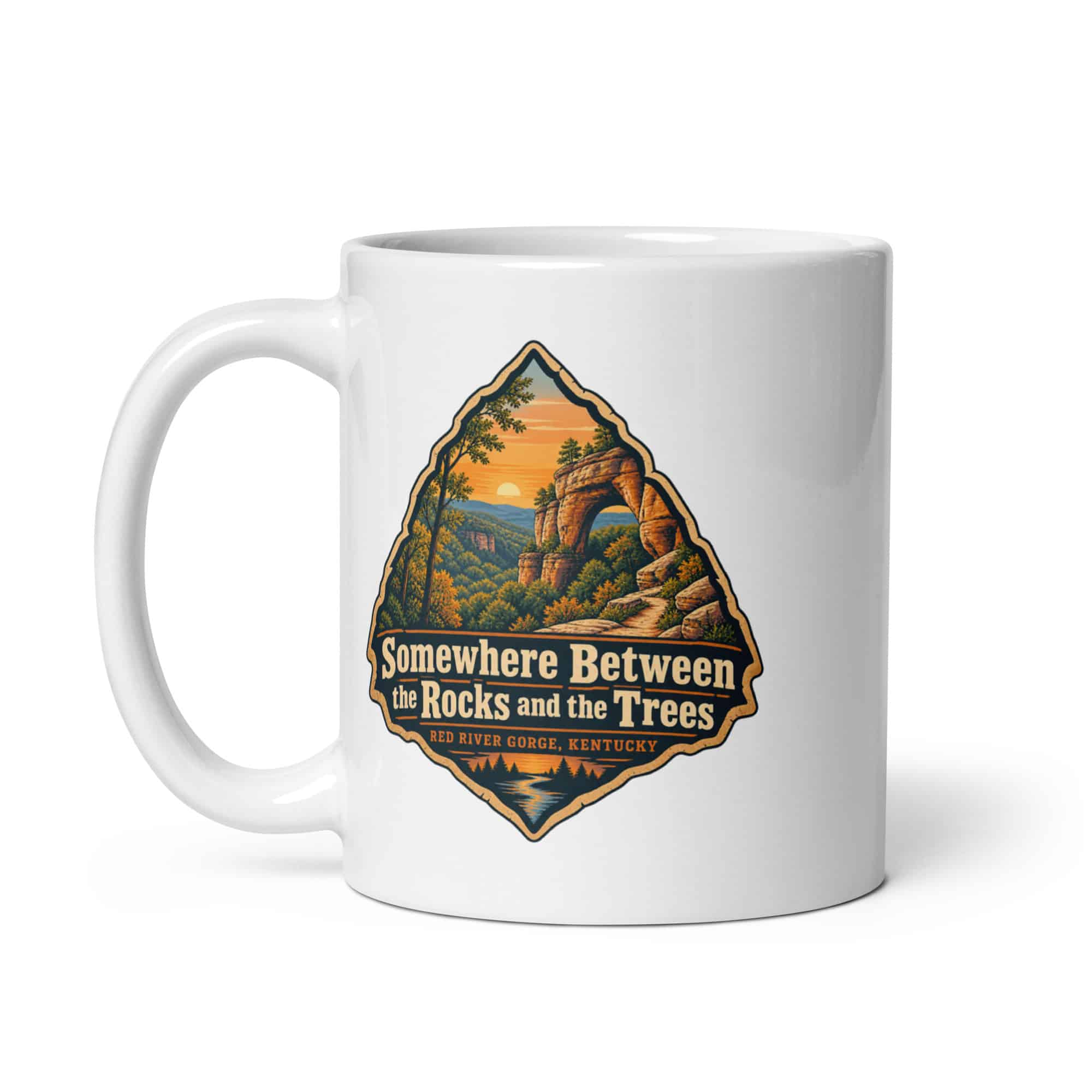 Red River Gorge White Ceramic Coffee Mug: Somewhere Between the Rocks and the Trees, Scenic Shield Badge