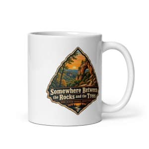 Red River Gorge White Ceramic Coffee Mug: Somewhere Between the Rocks and the Trees, Scenic Shield Badge - 11 oz - Main
