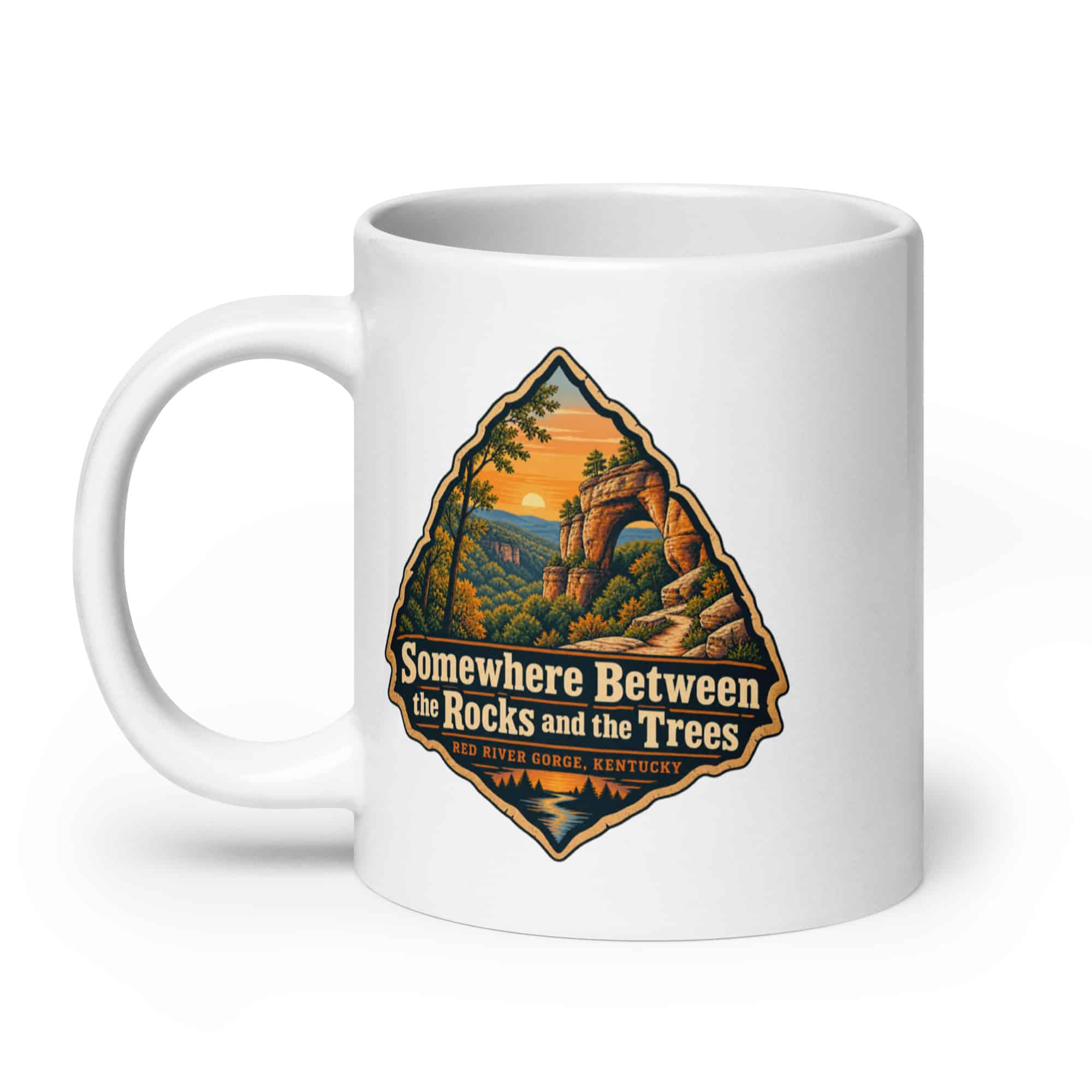 Red River Gorge White Ceramic Coffee Mug: Somewhere Between the Rocks and the Trees, Scenic Shield Badge