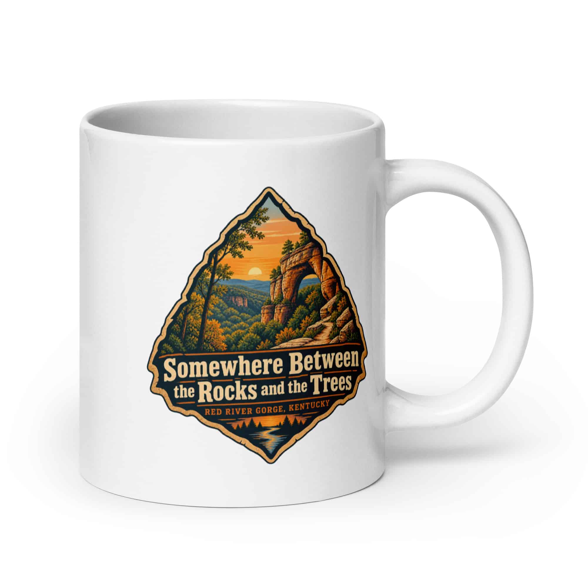 Red River Gorge White Ceramic Coffee Mug: Somewhere Between the Rocks and the Trees, Scenic Shield Badge