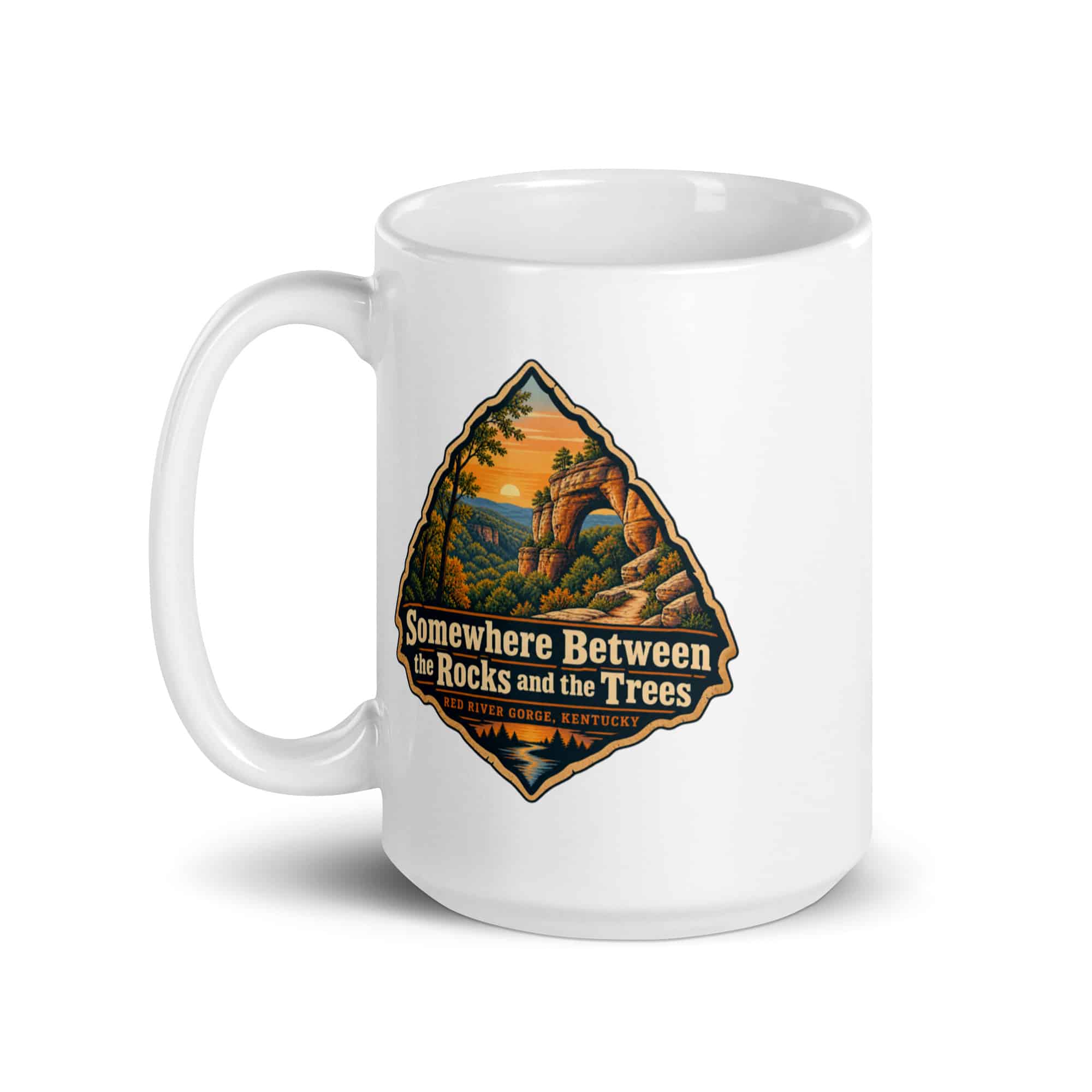Red River Gorge White Ceramic Coffee Mug: Somewhere Between the Rocks and the Trees, Scenic Shield Badge
