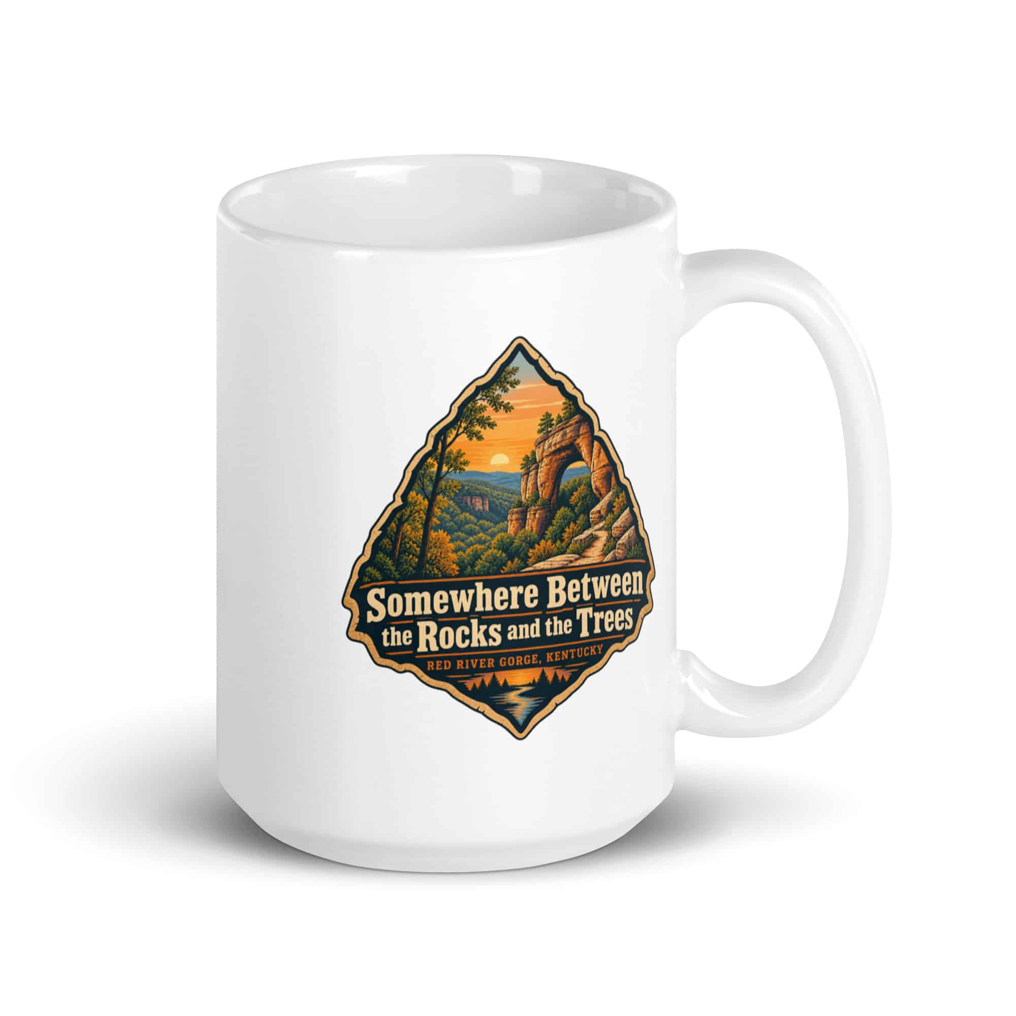 Red River Gorge White Ceramic Coffee Mug: Somewhere Between the Rocks and the Trees, Scenic Shield Badge