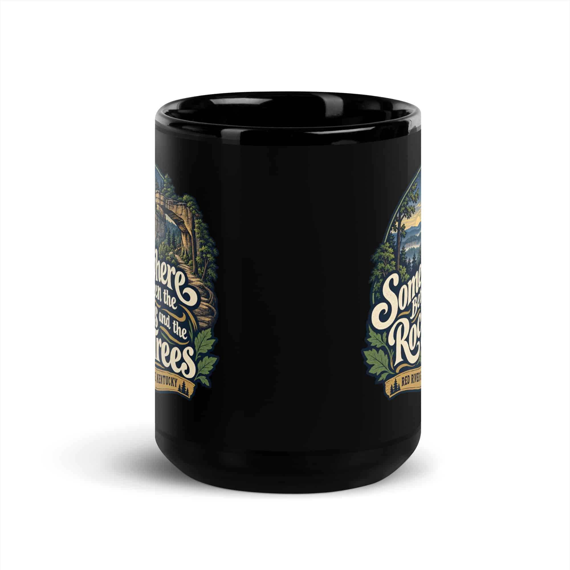 Red River Gorge Black Coffee Mug: Somewhere Between the Rocks and the Trees, Woodland Scenic Lettering