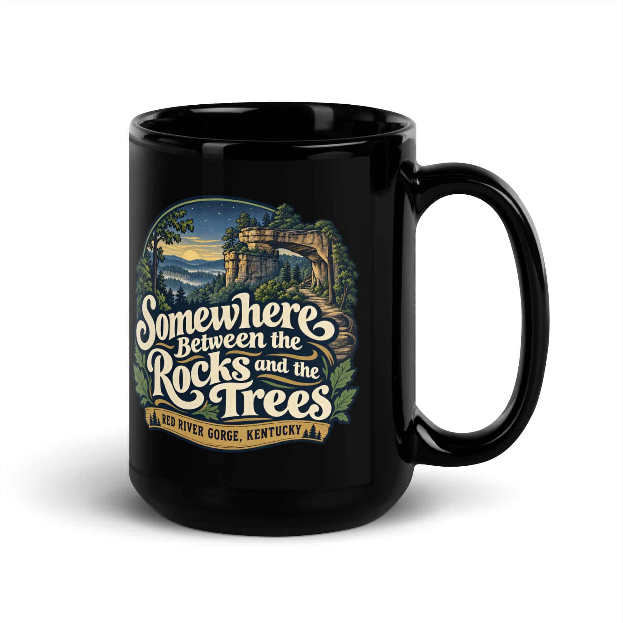 Red River Gorge Black Coffee Mug: Somewhere Between the Rocks and the Trees, Woodland Scenic Lettering