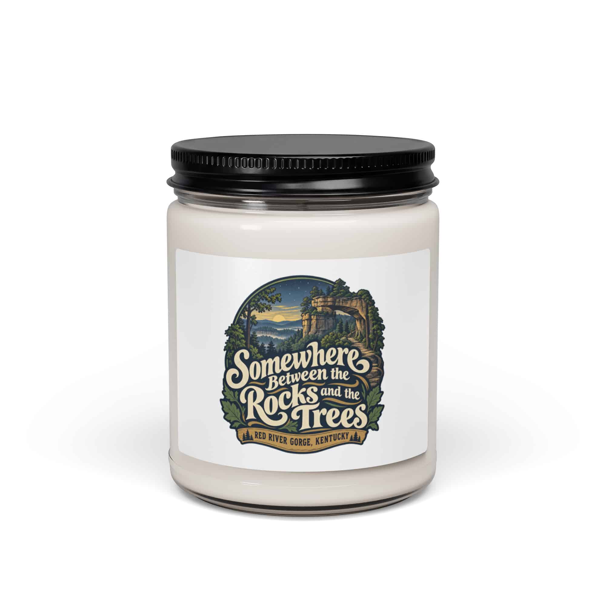 Red River Gorge Soy Wax Candle: Somewhere Between the Rocks and the Trees, Woodland Scenic Lettering