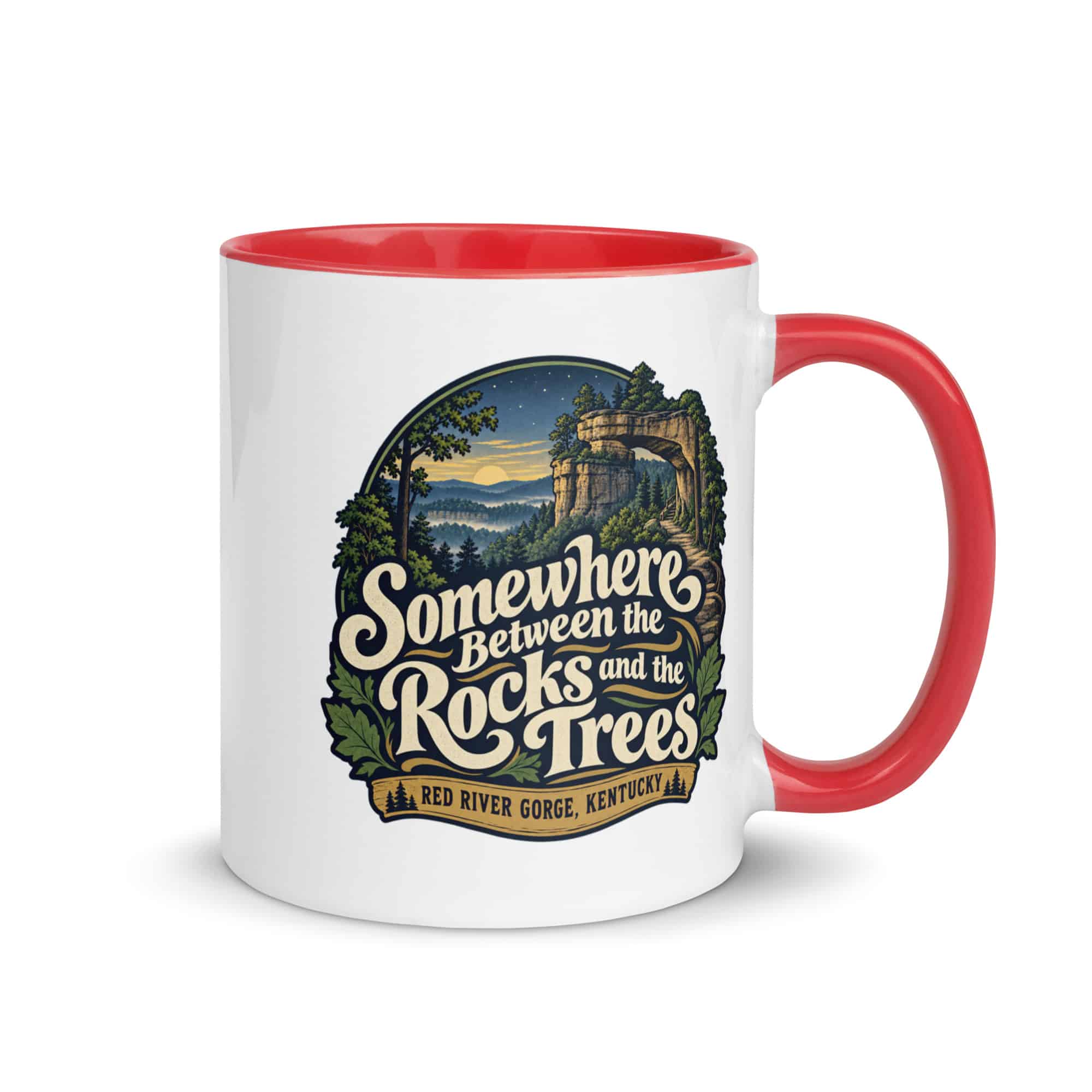Red River Gorge Color Inside Coffee Mug: Somewhere Between the Rocks and the Trees, Woodland Scenic Lettering