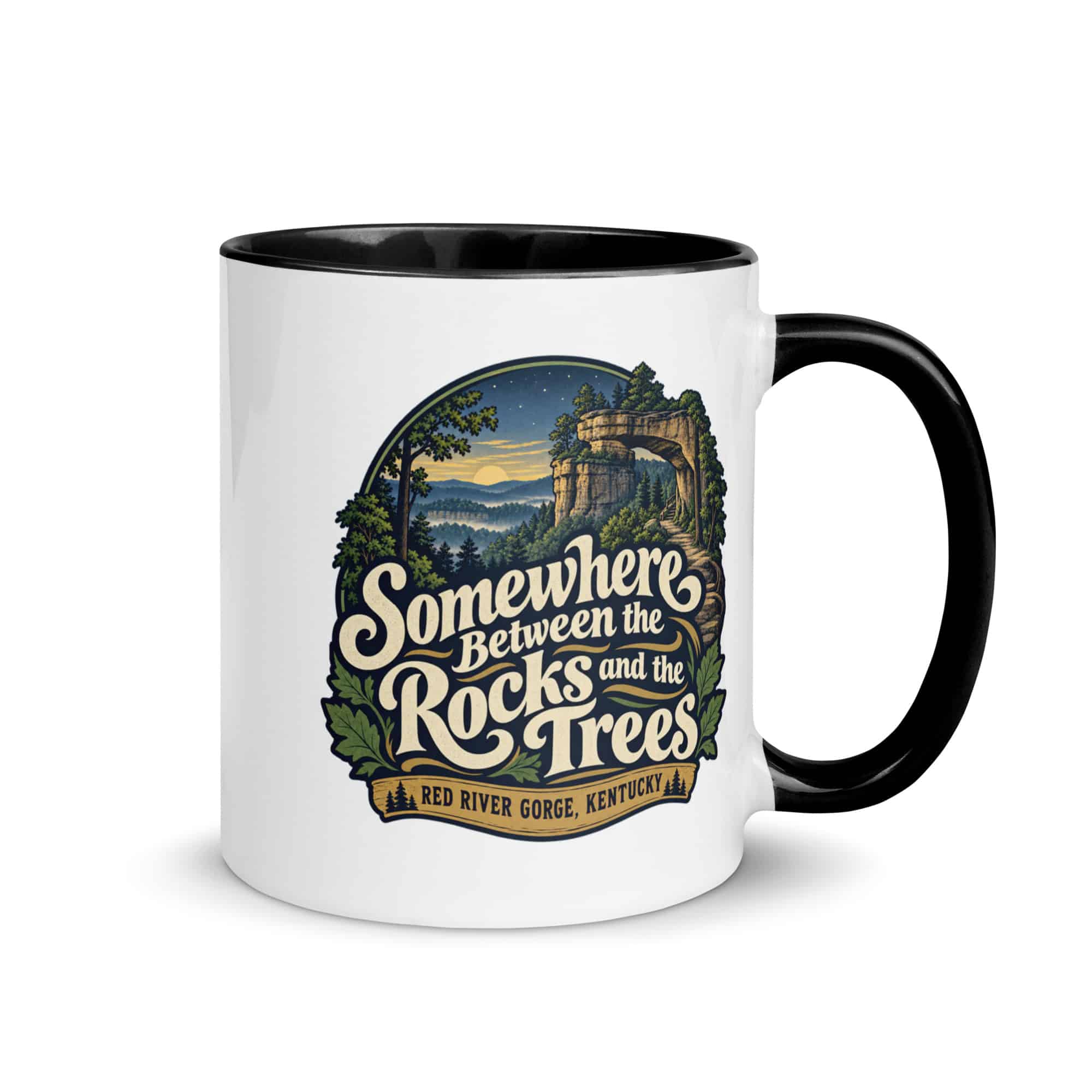 Red River Gorge Color Inside Coffee Mug: Somewhere Between the Rocks and the Trees, Woodland Scenic Lettering