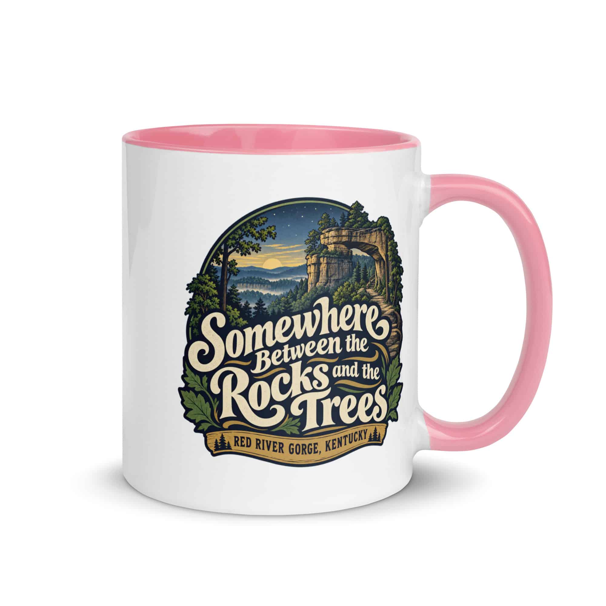 Red River Gorge Color Inside Coffee Mug: Somewhere Between the Rocks and the Trees, Woodland Scenic Lettering