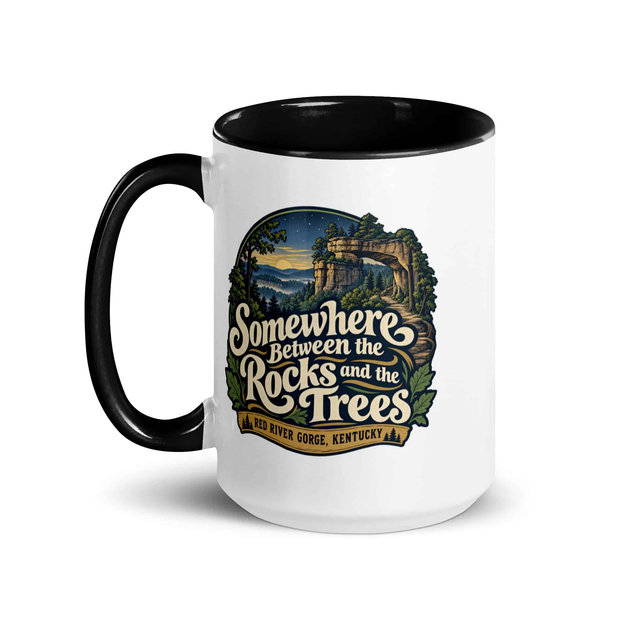 Red River Gorge Color Inside Coffee Mug: Somewhere Between the Rocks and the Trees, Woodland Scenic Lettering