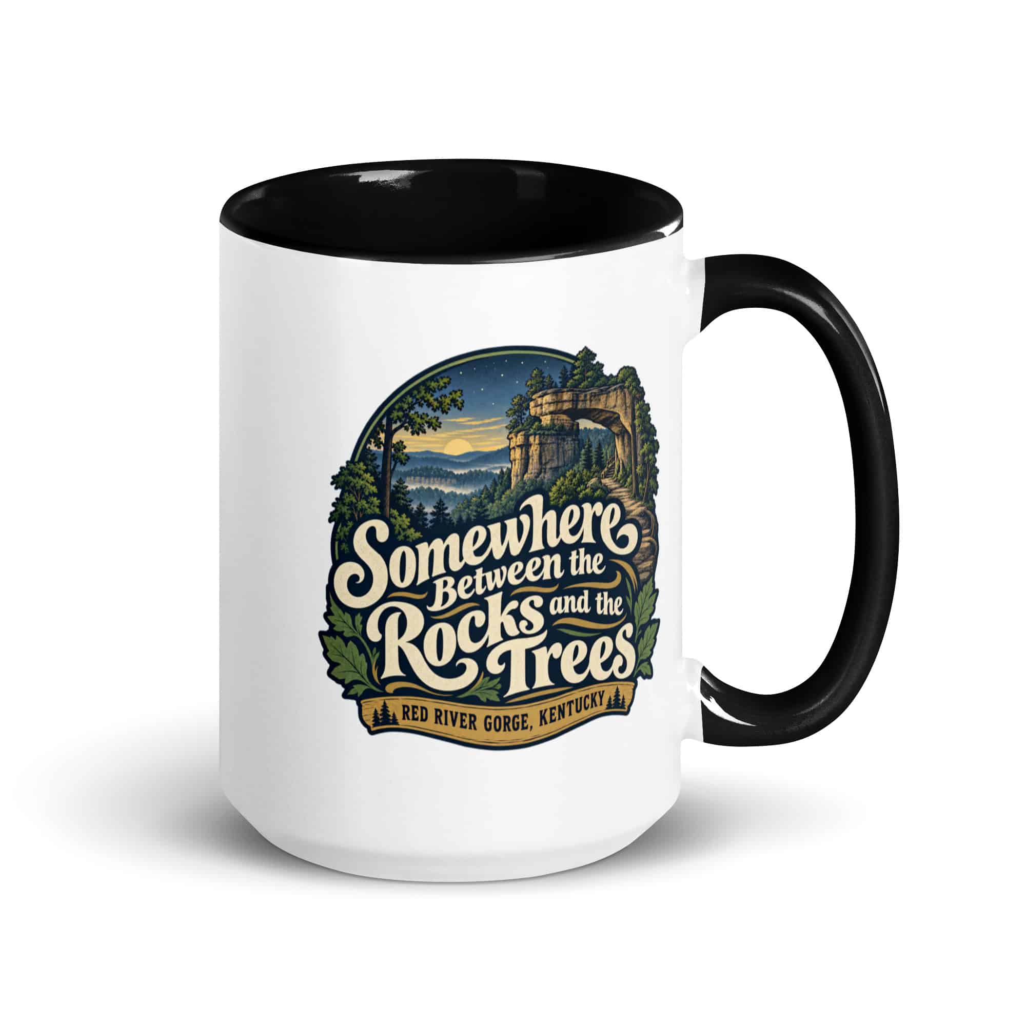 Red River Gorge Color Inside Coffee Mug: Somewhere Between the Rocks and the Trees, Woodland Scenic Lettering