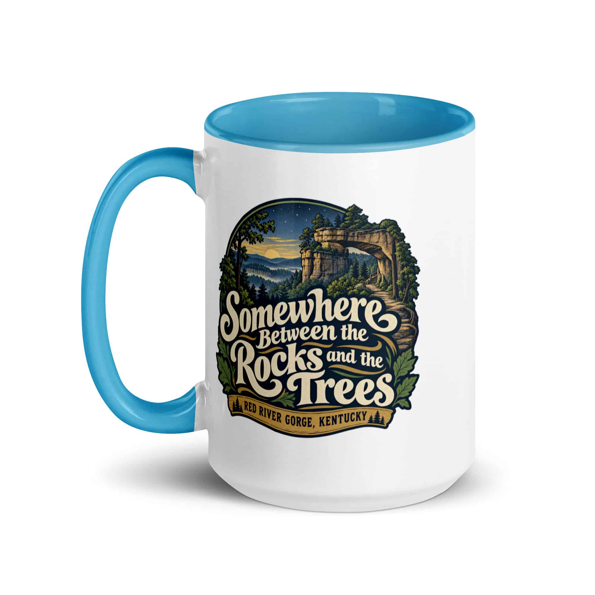 Red River Gorge Color Inside Coffee Mug: Somewhere Between the Rocks and the Trees, Woodland Scenic Lettering