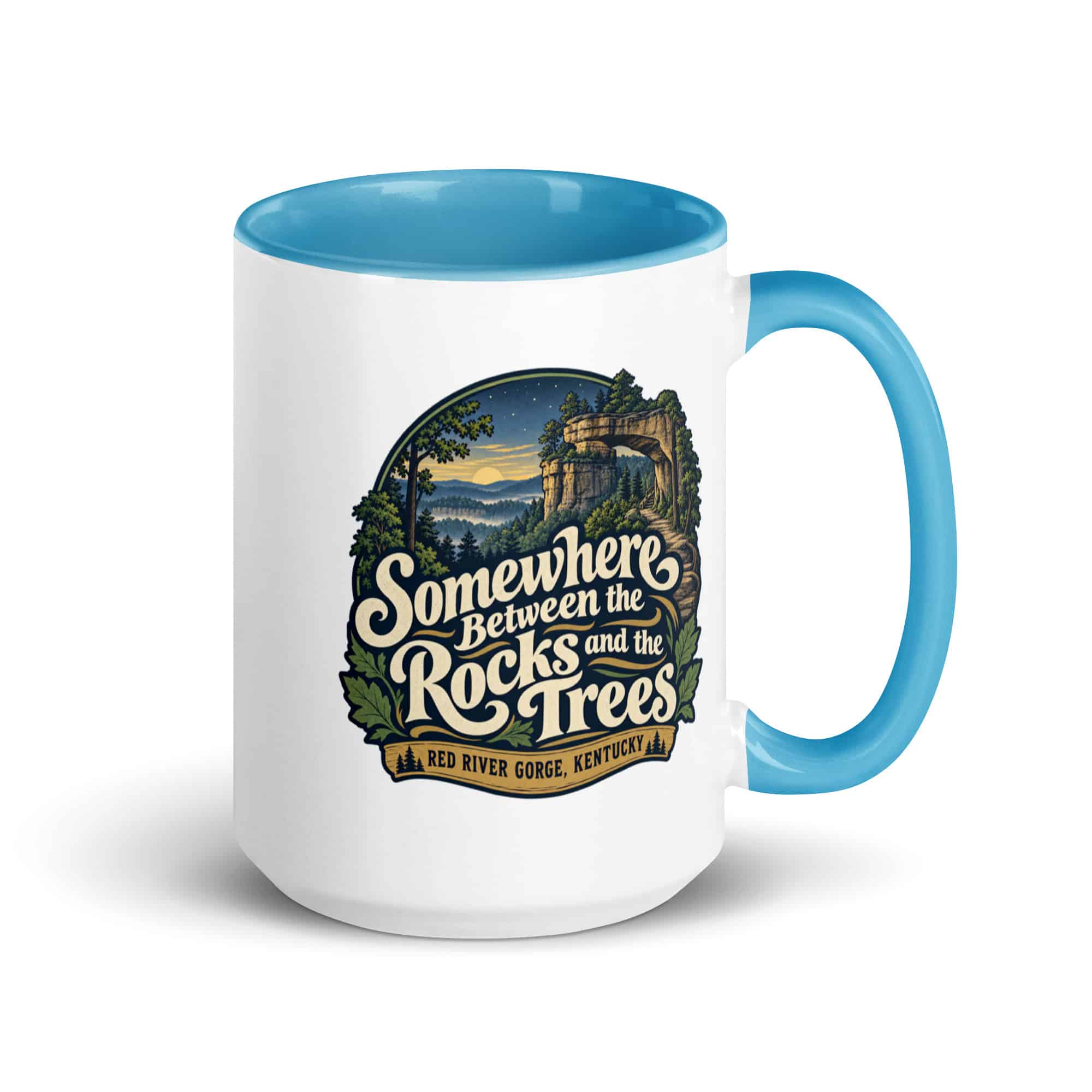 Red River Gorge Color Inside Coffee Mug: Somewhere Between the Rocks and the Trees, Woodland Scenic Lettering