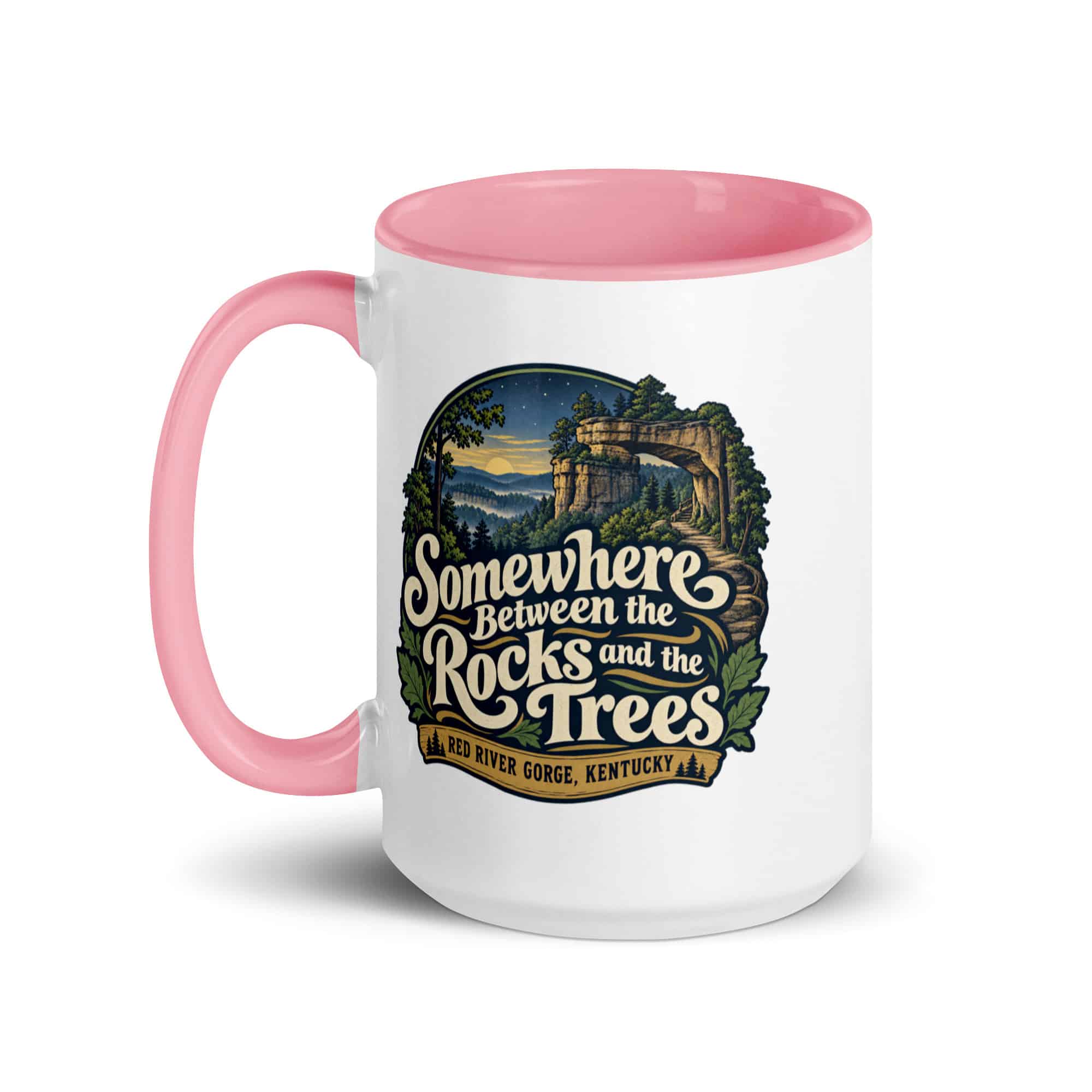 Red River Gorge Color Inside Coffee Mug: Somewhere Between the Rocks and the Trees, Woodland Scenic Lettering