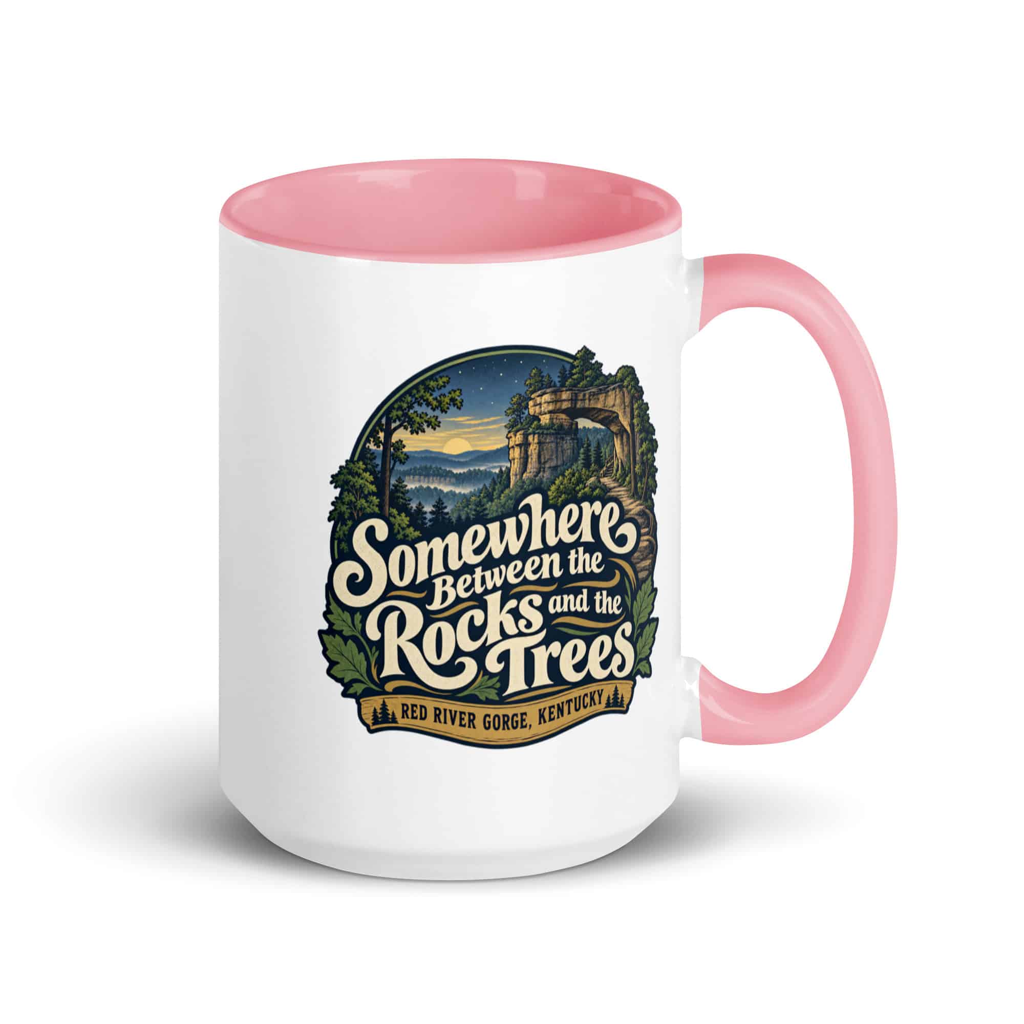 Red River Gorge Color Inside Coffee Mug: Somewhere Between the Rocks and the Trees, Woodland Scenic Lettering