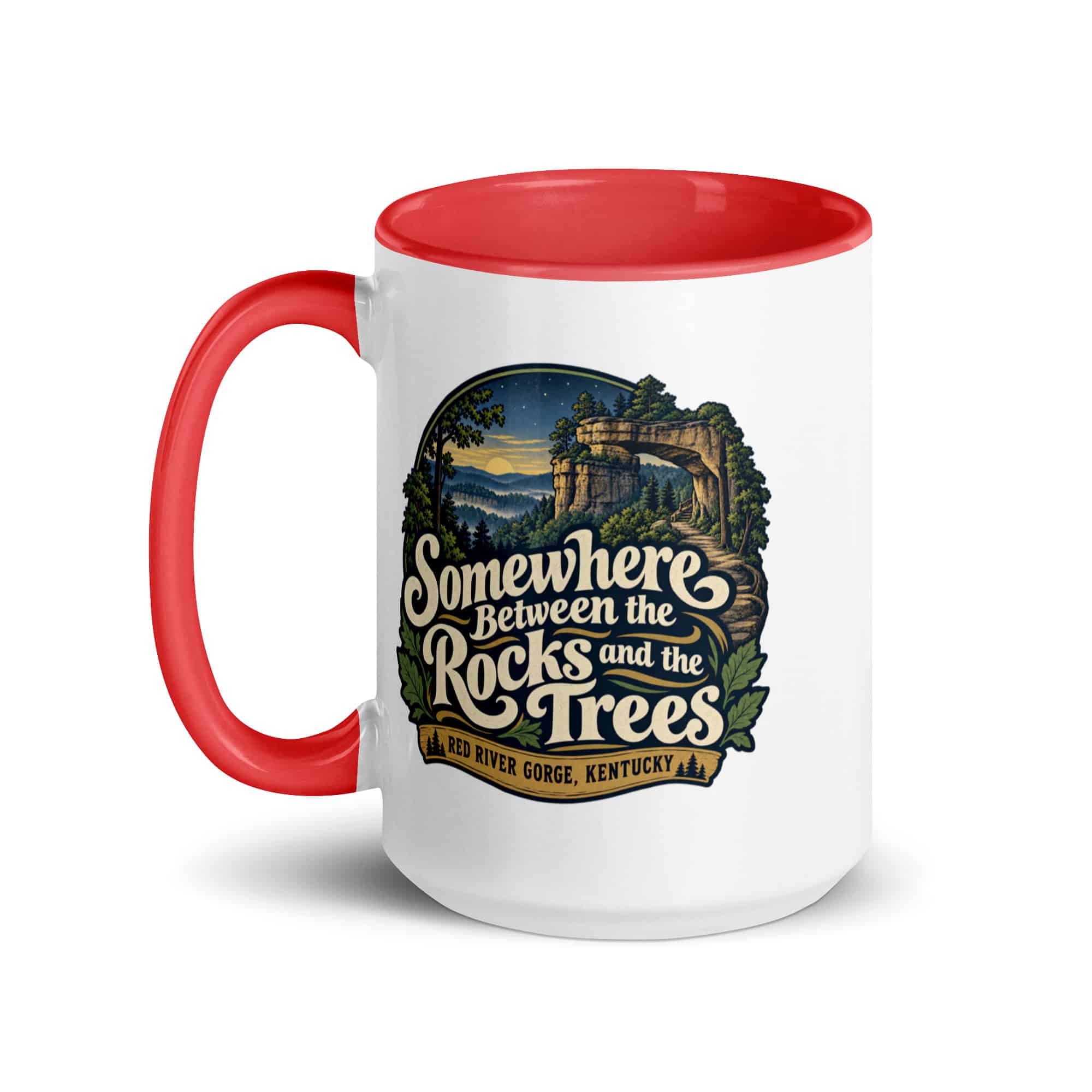 Red River Gorge Color Inside Coffee Mug: Somewhere Between the Rocks and the Trees, Woodland Scenic Lettering